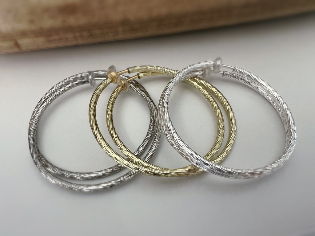 60mm Créoles Anneaux, Boucles d'oreille CLIPS Anneaux Créoles couleur Or/ Acier/ Argent, Clips d'oreilles, Diamètre du fil 3mm, Créoles 6cm