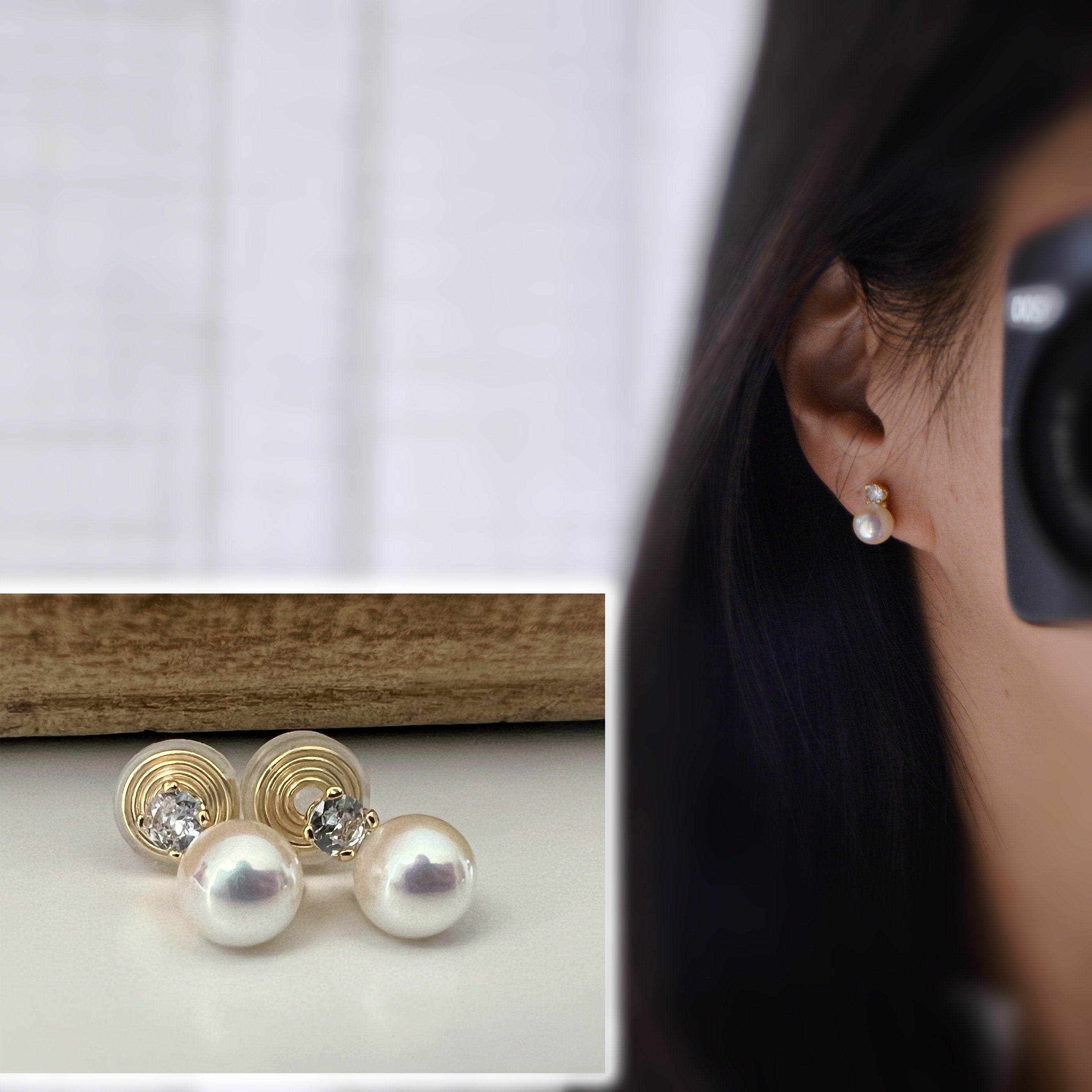 PAINLESS! CLIPS U spiral earrings gold plated White pearl 8mm Zircon 4MM. Comfortable ear clips.