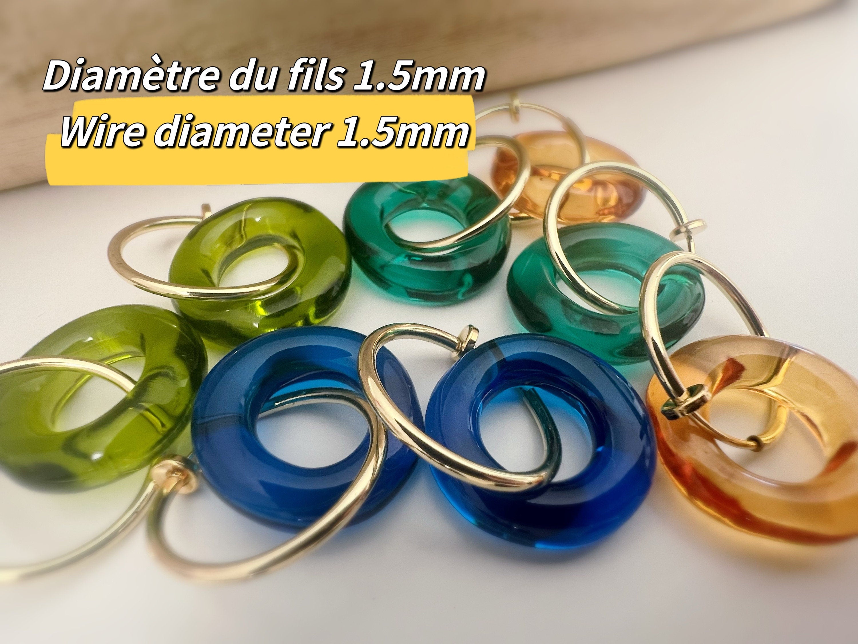 2 EN 1 Créoles Clips 20mm OR Cercle Vert Olive / Vert paon / Bleu / Marron. Clips d'oreilles Anneaux Or diamètre du fil 1.5mm ou 2mm