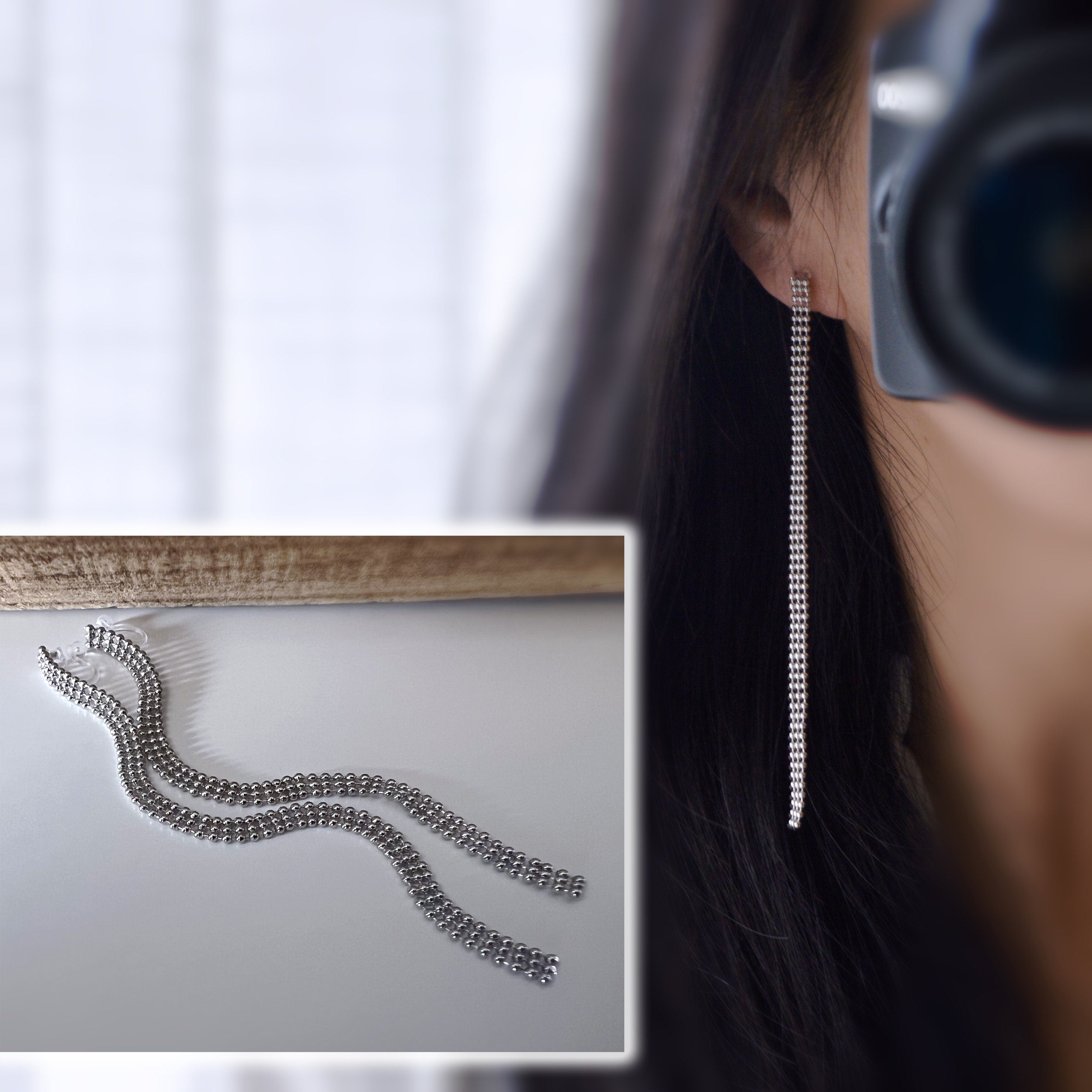 Super longues Boucles d'oreilles Clips INVISIBLES, Clips d'oreilles Chaîne Mini perles Argent / Or. Bijoux Minimaliste.