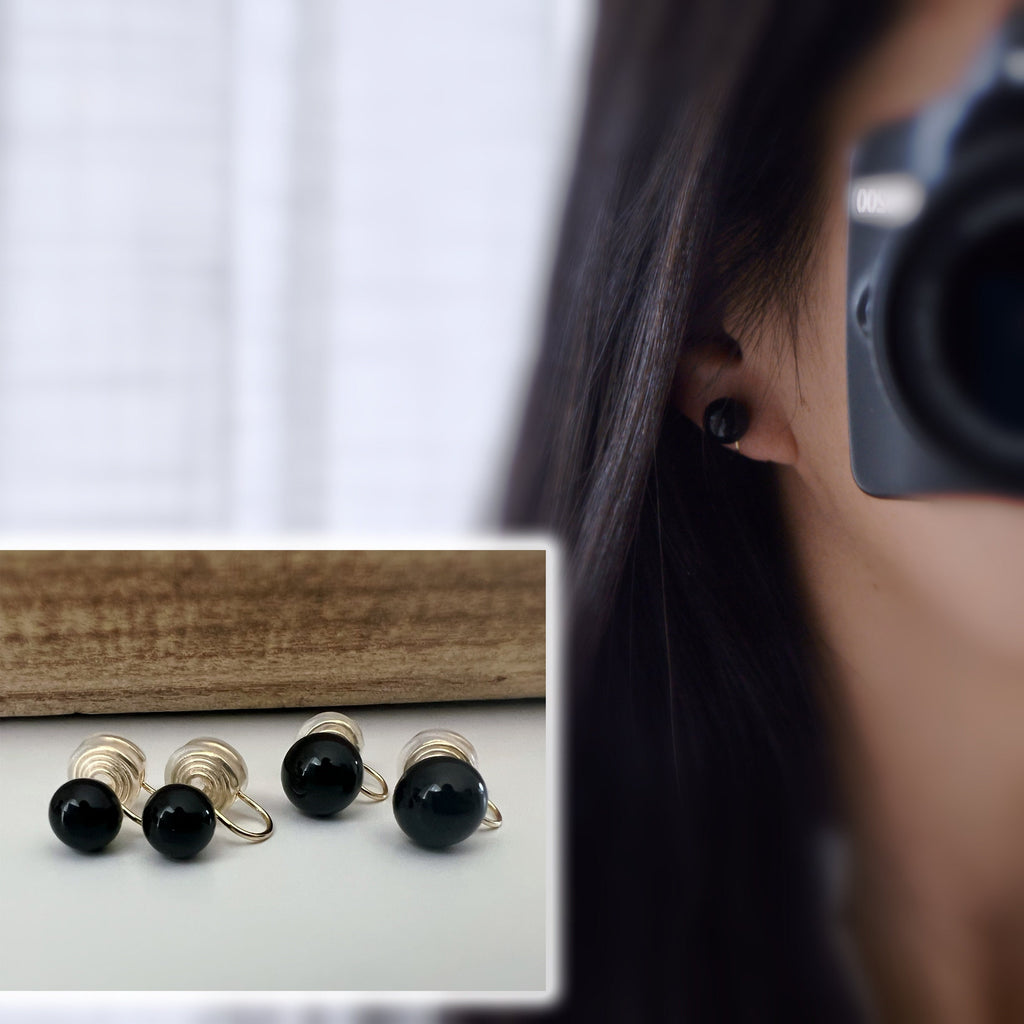 SANS DOULEUR ! Boucles d'oreilles CLIPS U spirale Perle Noir 8mm/ 10mm plaqué d'Or. Clips d'oreilles confortable.
