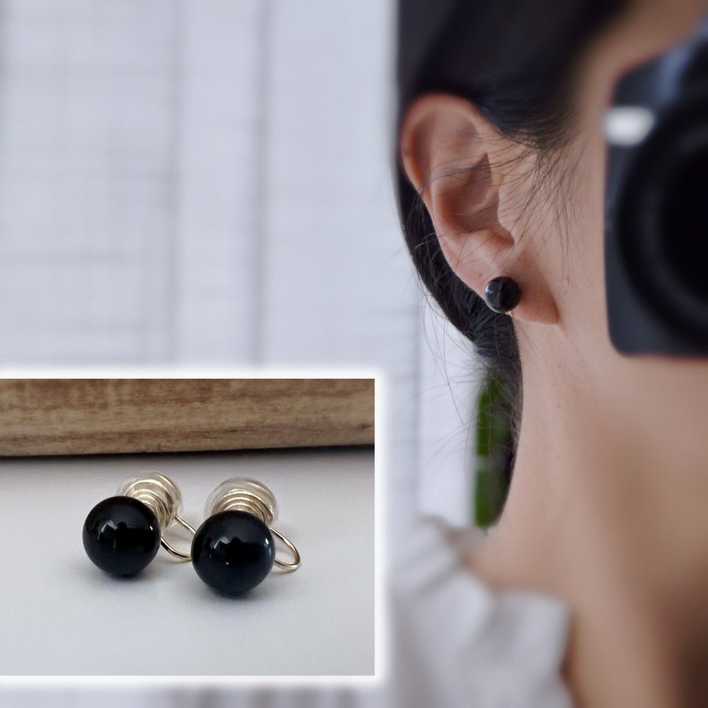 SANS DOULEUR ! Boucles d'oreilles CLIPS U spirale Perle Noir 8mm/ 10mm plaqué d'Or. Clips d'oreilles confortable.