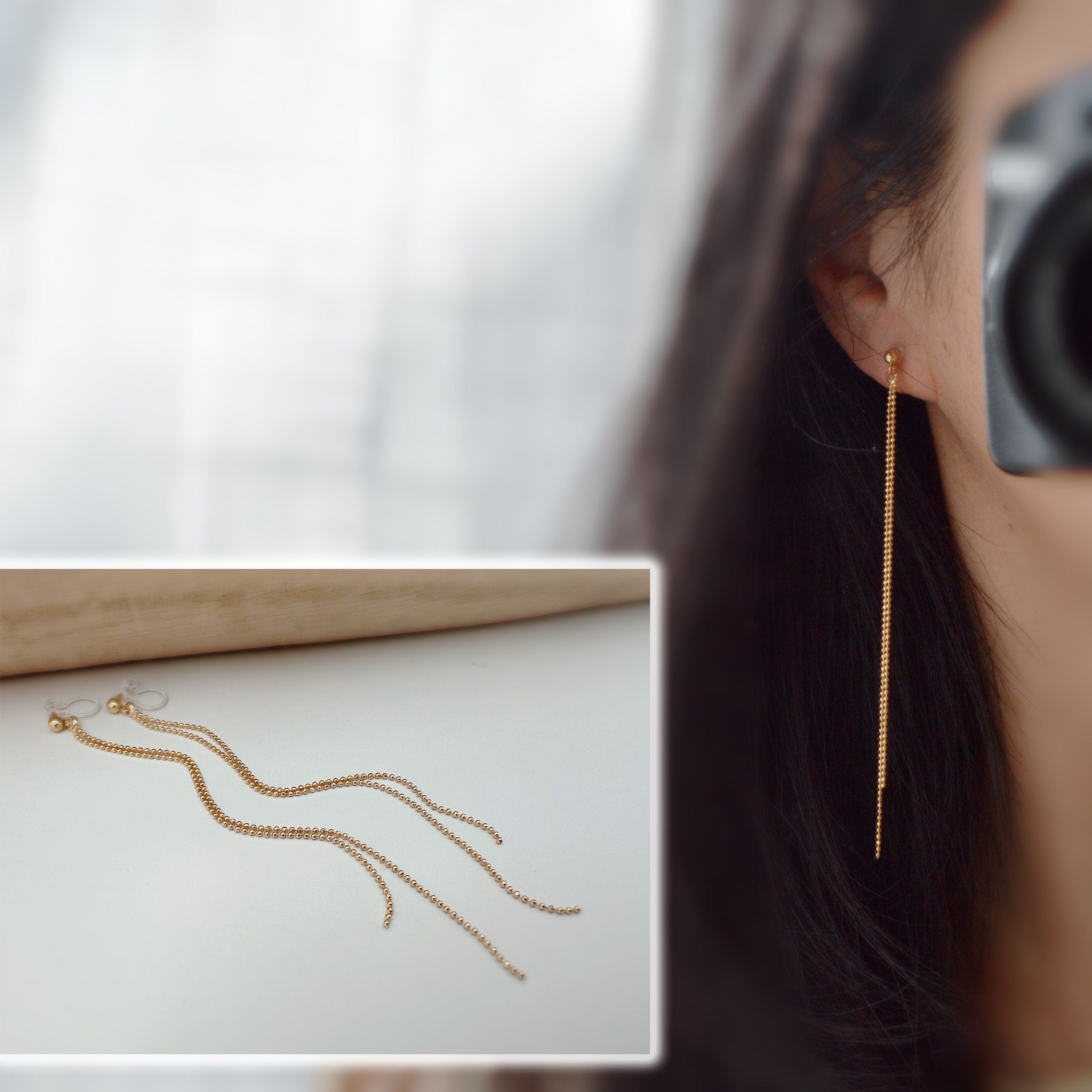 Longues Boucles d'oreilles CLIPS INVISIBLE Double Chaine mini perles tassel Or. Clip d'oreilles chaîne confortable pour oreilles non percées