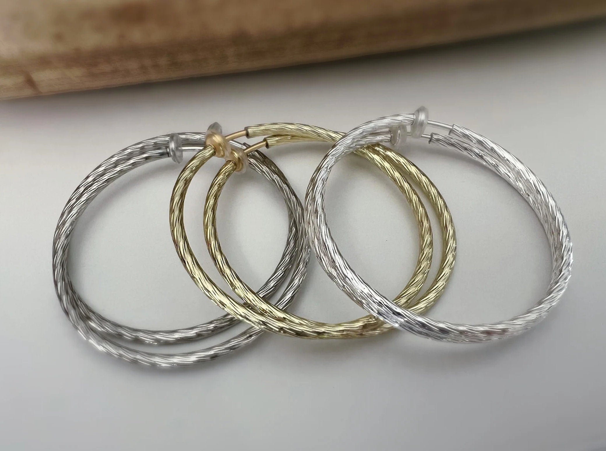 50mm Créoles Anneaux, Boucles d'oreille CLIPS Anneaux Créoles couleur Or / Argent, Clips d'oreilles, Diamètre du fil 3mm, Créoles 5cm