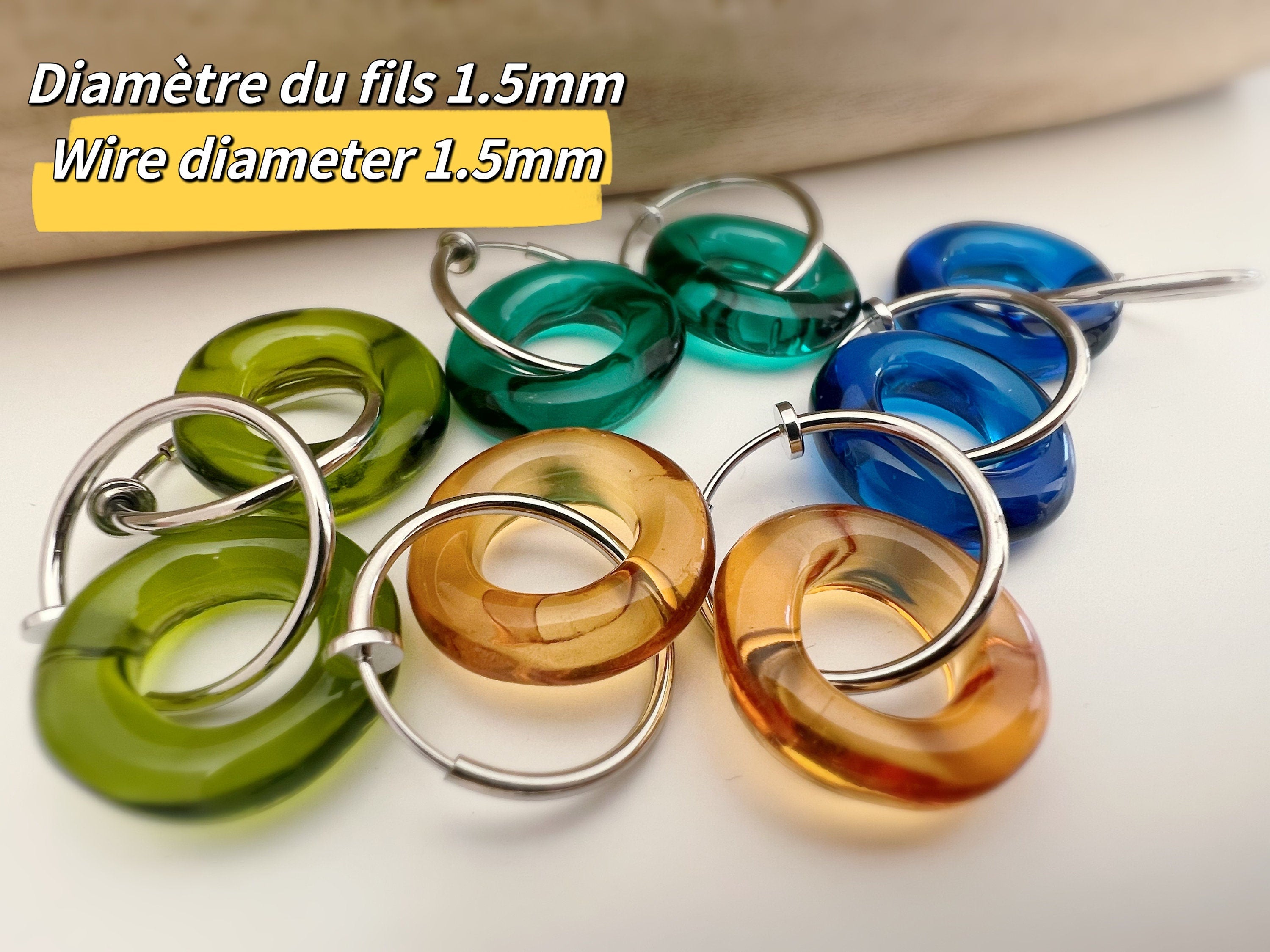 2 EN 1 Créoles Clips 20mm ARGENT Cercle Vert Olive / Vert paon / Bleu / Marron. Clips d'oreilles Anneaux argent diamètre du fil 1.5mm ou 2mm