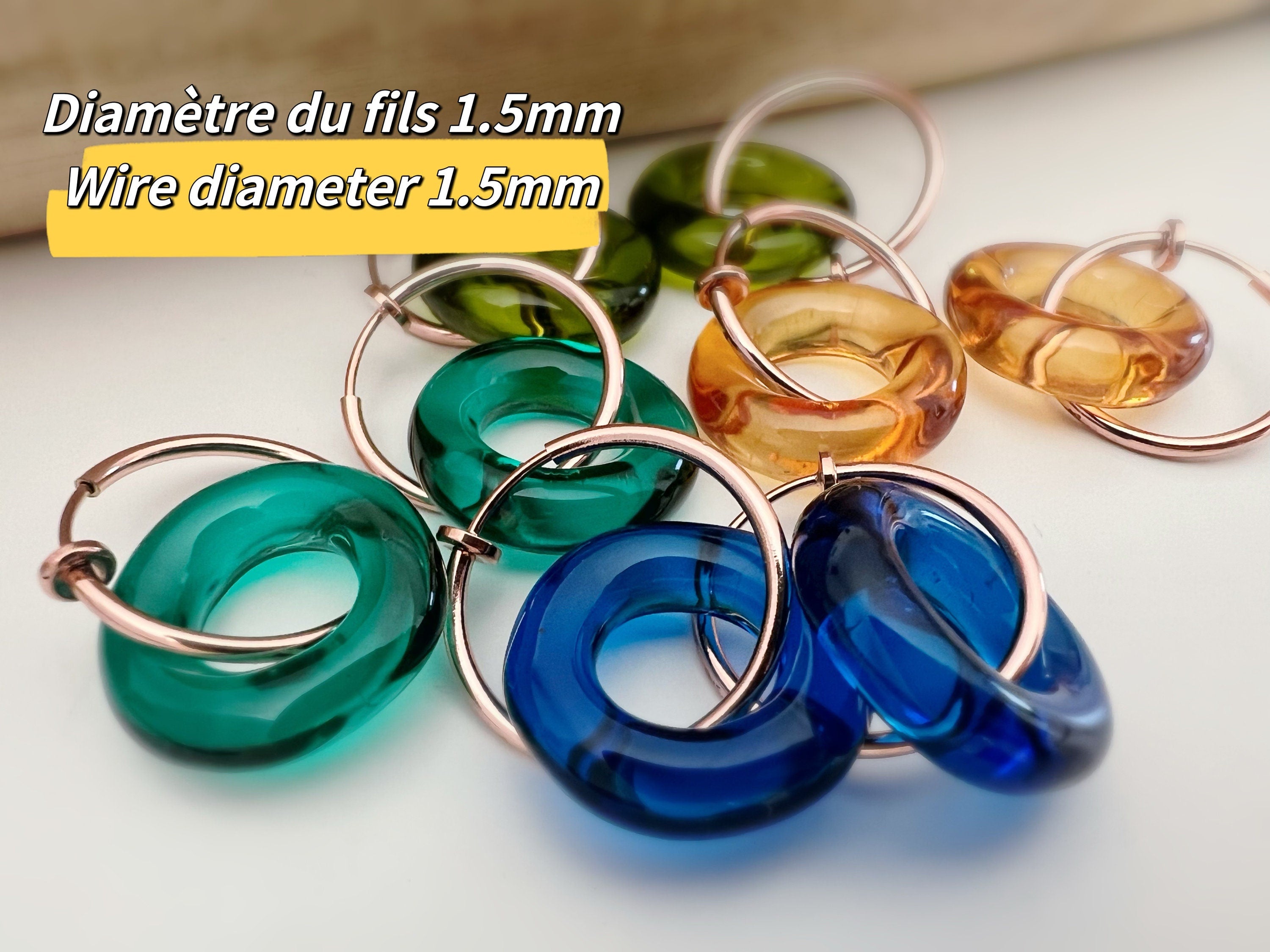 2 EN 1 Créoles Clips 20mm OR Rose Cercle Vert Olive /Vert paon /Bleu /Orange. Clips d'oreilles Anneaux or rose diamètre du fil 1.5mm