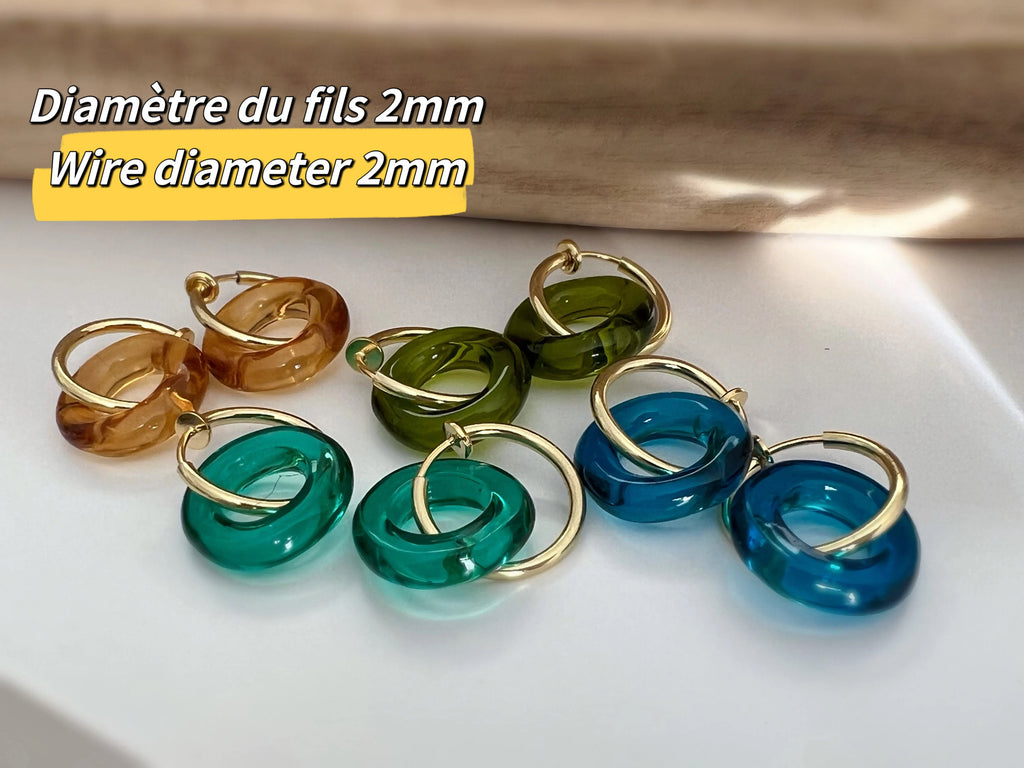2 EN 1 Créoles Clips 20mm OR Cercle Vert Olive / Vert paon / Bleu / Marron. Clips d'oreilles Anneaux Or diamètre du fil 1.5mm ou 2mm