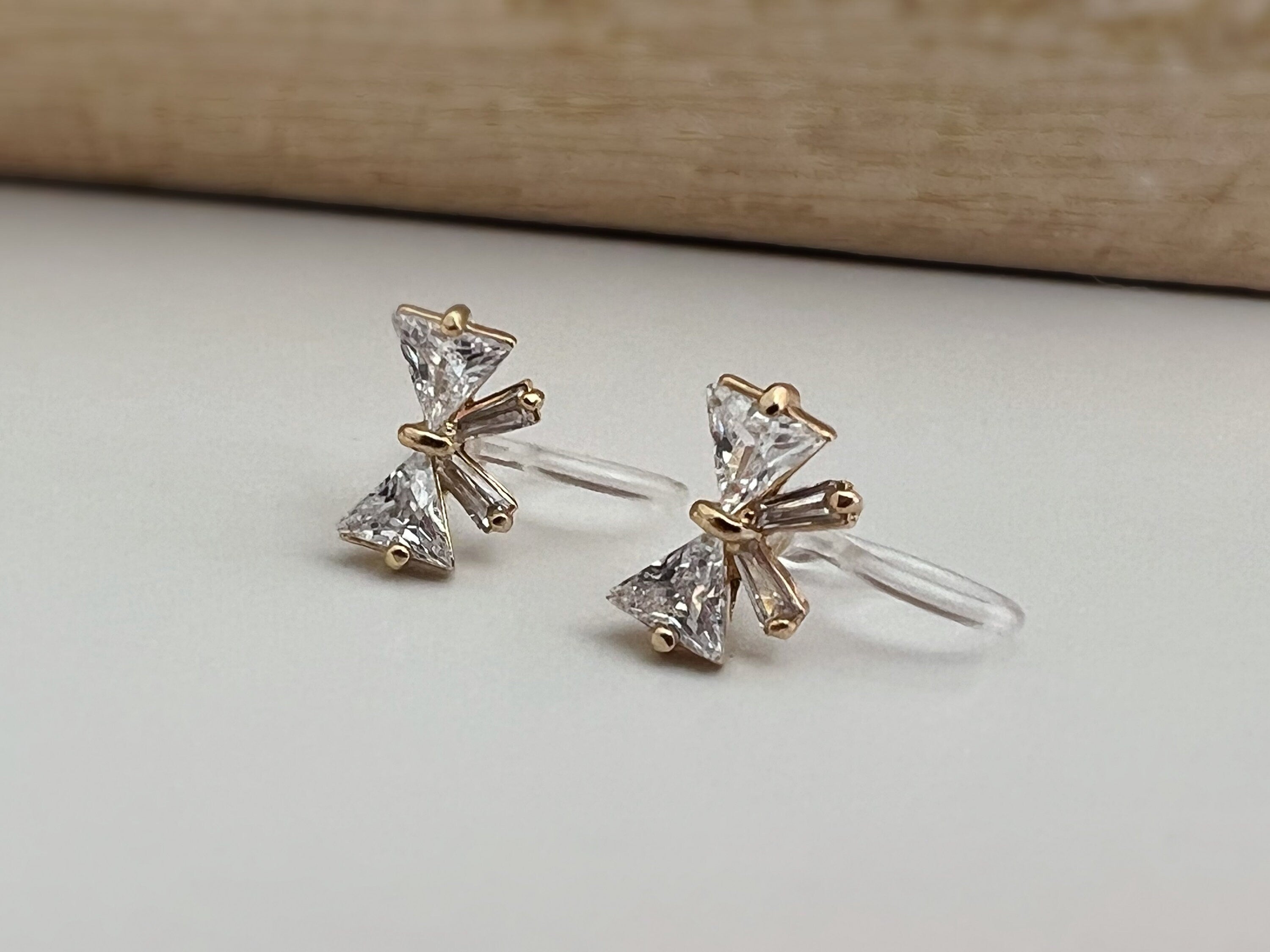 Mini Invisible CLIPS Earrings Silver Color Bow Tie with Zircon, Delicate comfortable ear clips.