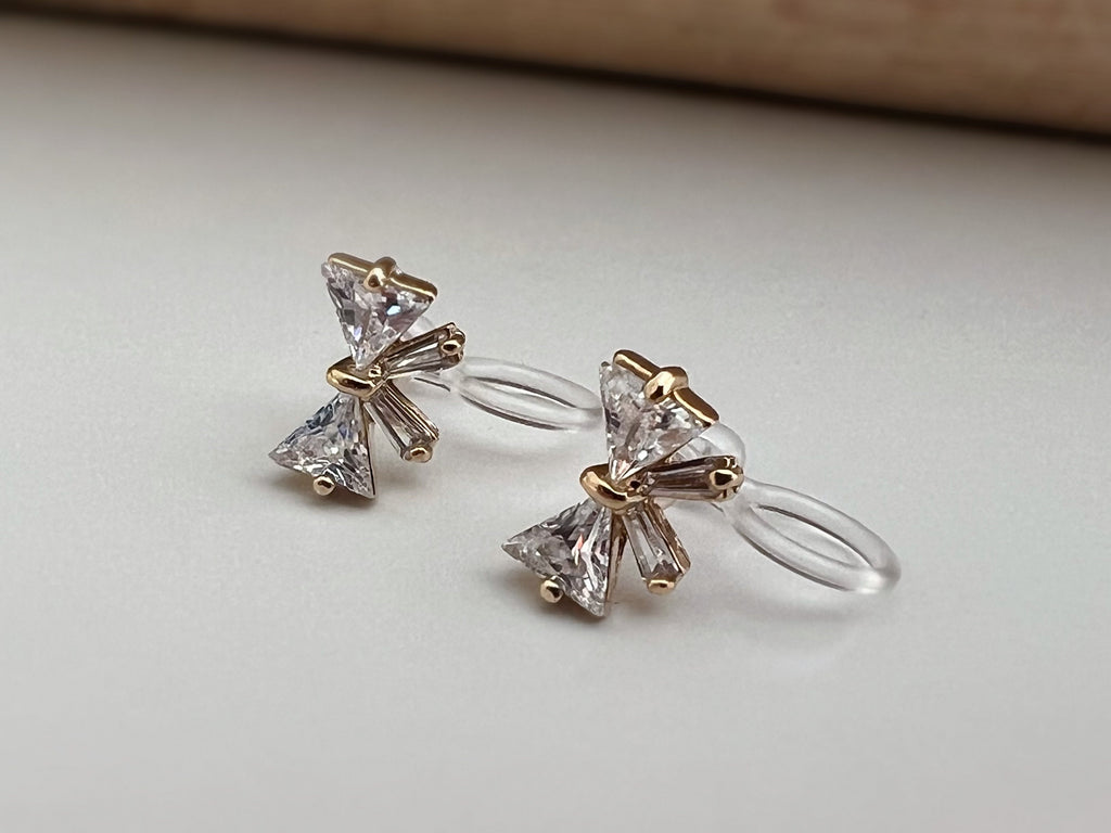 Mini Invisible CLIPS Earrings Silver Color Bow Tie with Zircon, Delicate comfortable ear clips.