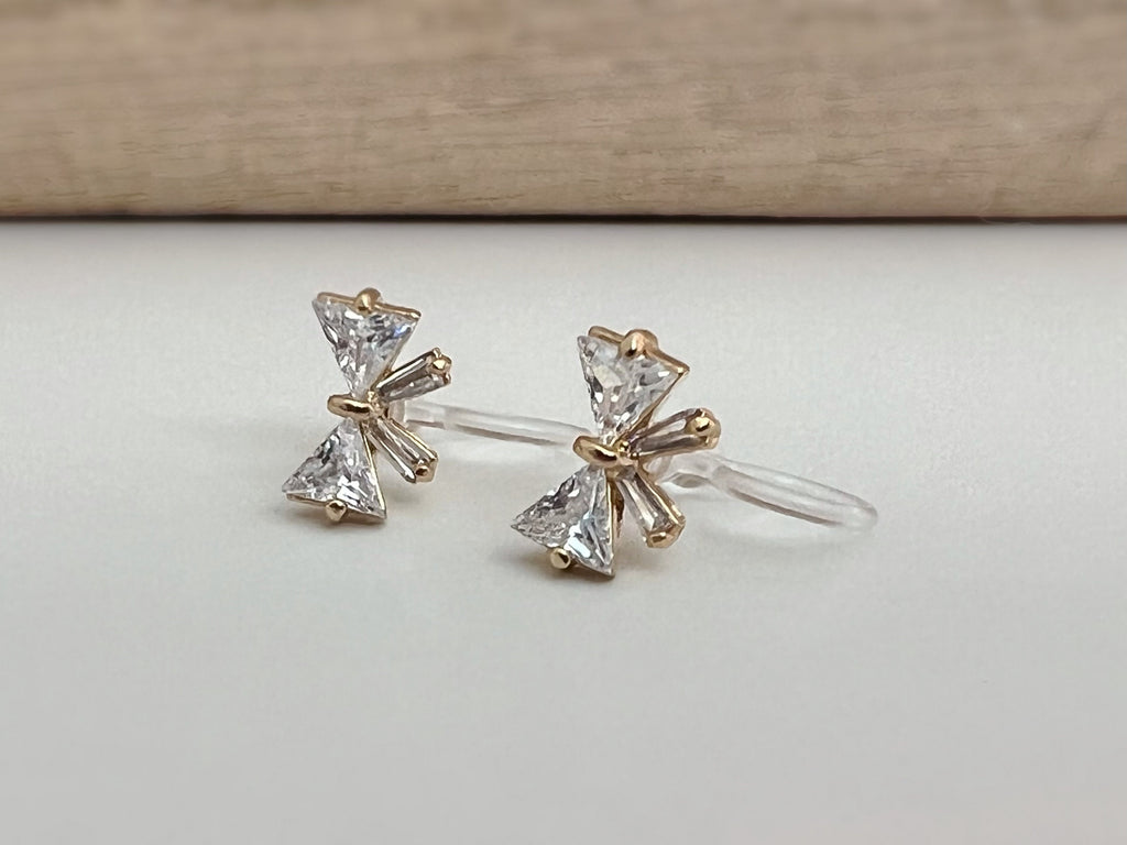 Mini Invisible CLIPS Earrings Silver Color Bow Tie with Zircon, Delicate comfortable ear clips.