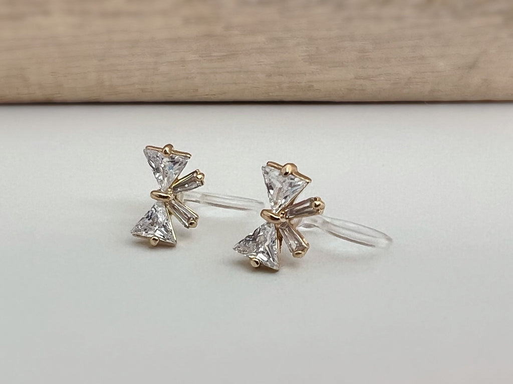Mini Invisible CLIPS Earrings Silver Color Bow Tie with Zircon, Delicate comfortable ear clips.