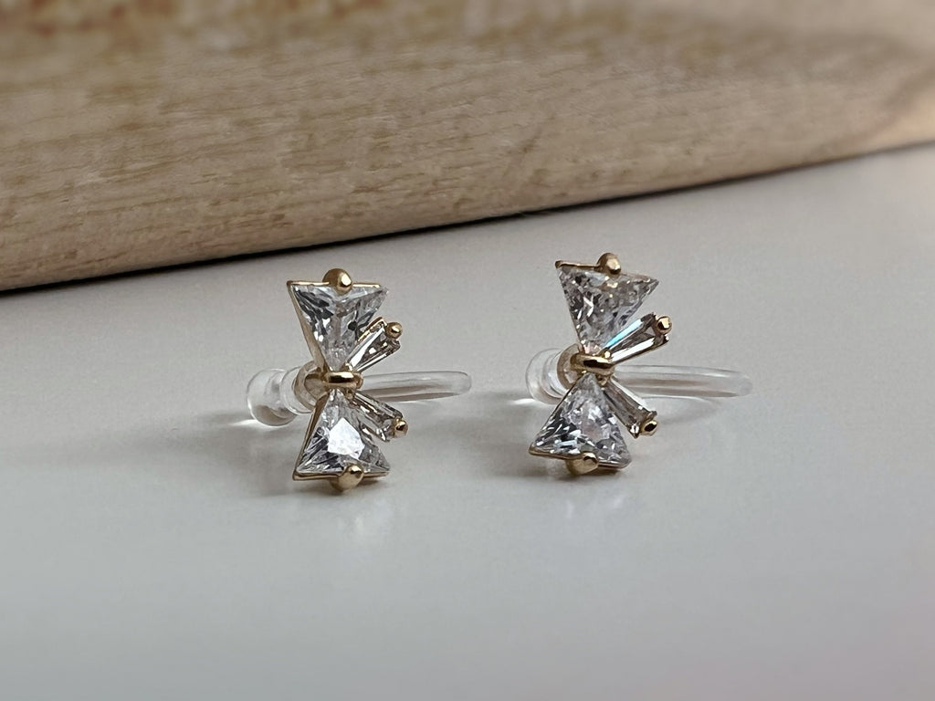 Mini Invisible CLIPS Earrings Silver Color Bow Tie with Zircon, Delicate comfortable ear clips.