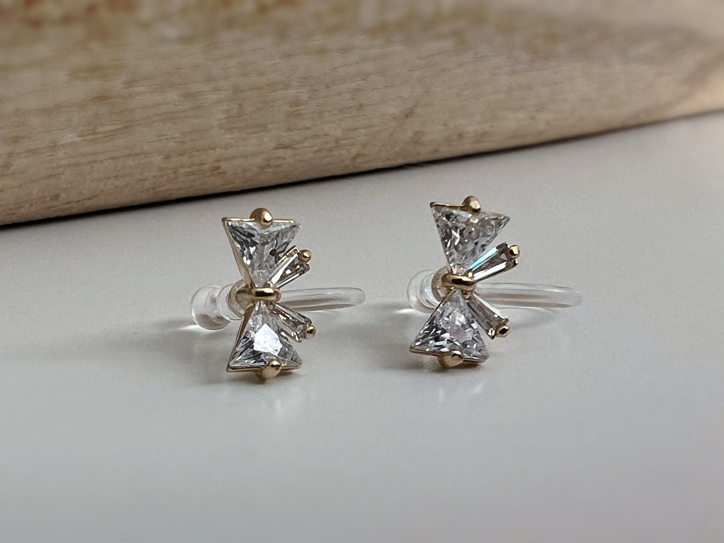 Mini Invisible CLIPS Earrings Silver Color Bow Tie with Zircon, Delicate comfortable ear clips.