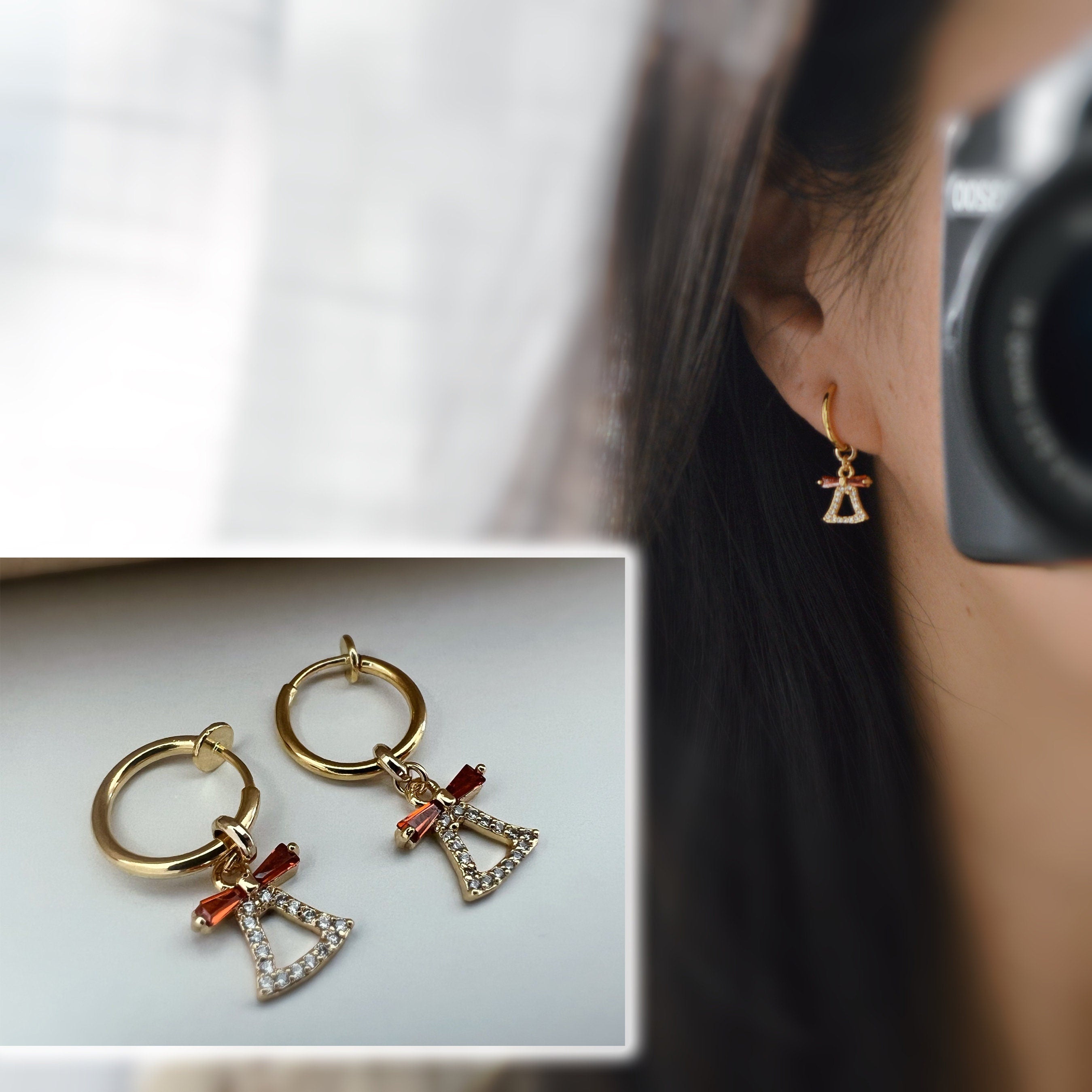 Clips d'oreille 2-EN-1 CLIPS anneaux Créoles doré avec clochette zircon noeud de papillon rouge Bijoux quotidien Anneaux 1.3cm