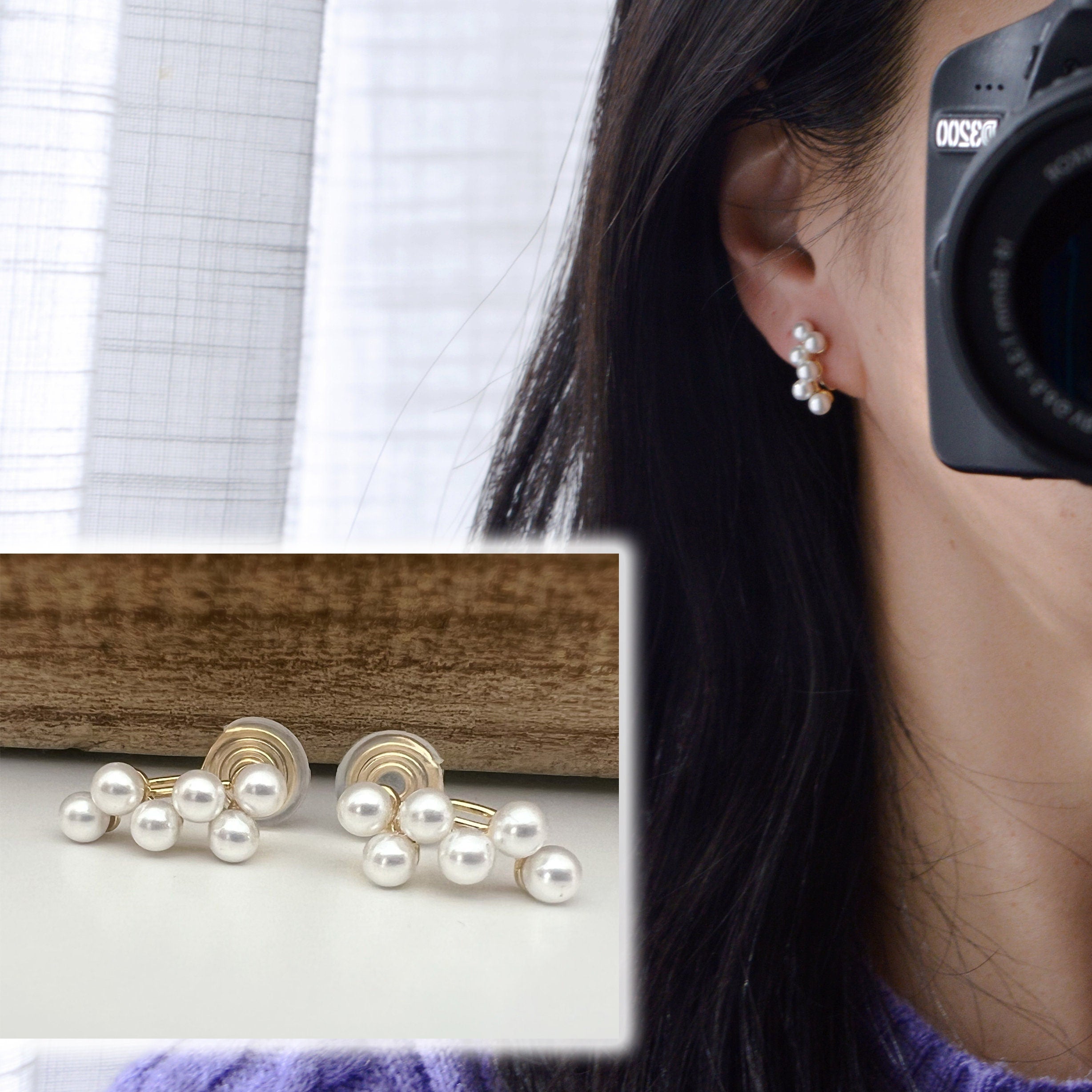 SANS DOULEUR ! Boucles d'oreilles CLIPS U spirale plaqué d'or Petites perles blanches grappe de raisins Clips d'oreilles confortable.