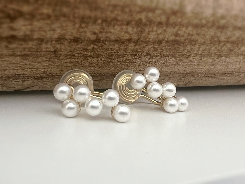 SANS DOULEUR ! Boucles d'oreilles CLIPS U spirale plaqué d'or Petites perles blanches grappe de raisins Clips d'oreilles confortable.