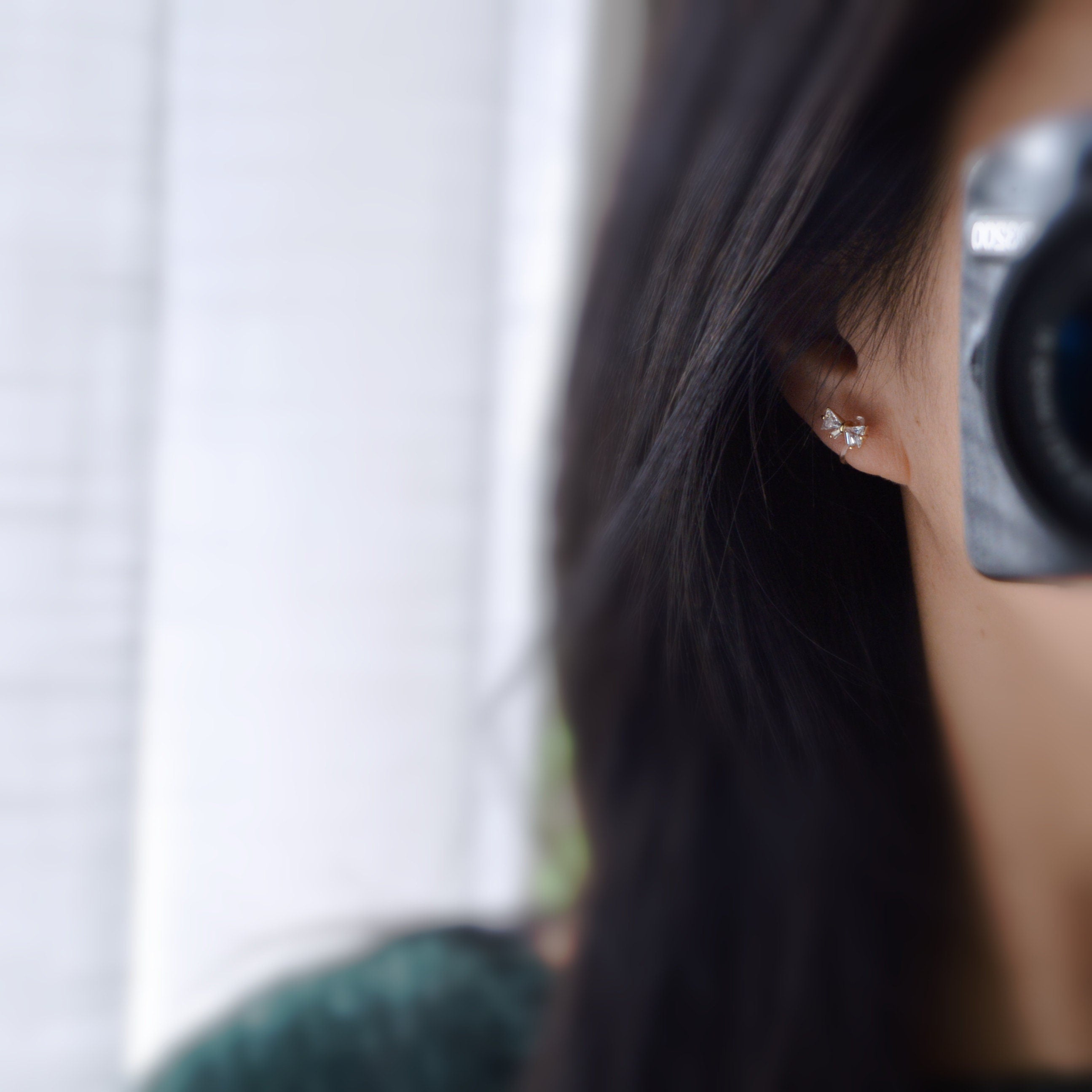 Mini Invisible CLIPS Earrings Silver Color Bow Tie with Zircon, Delicate comfortable ear clips.