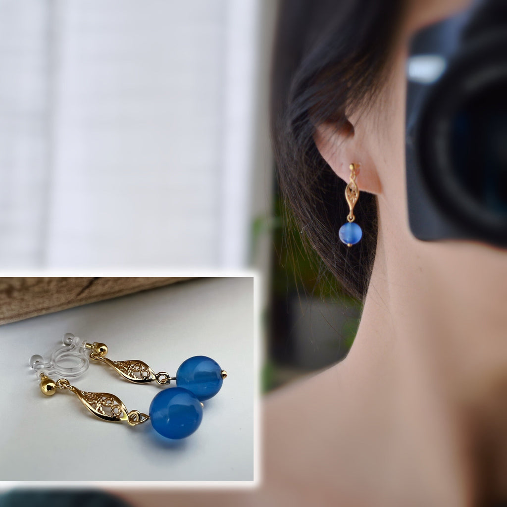 INVISIBLE Clip Earrings, Gold Ear Clips Hollow almond-shaped sculpture with blue pearl Daily jewelry. Ready to gift.