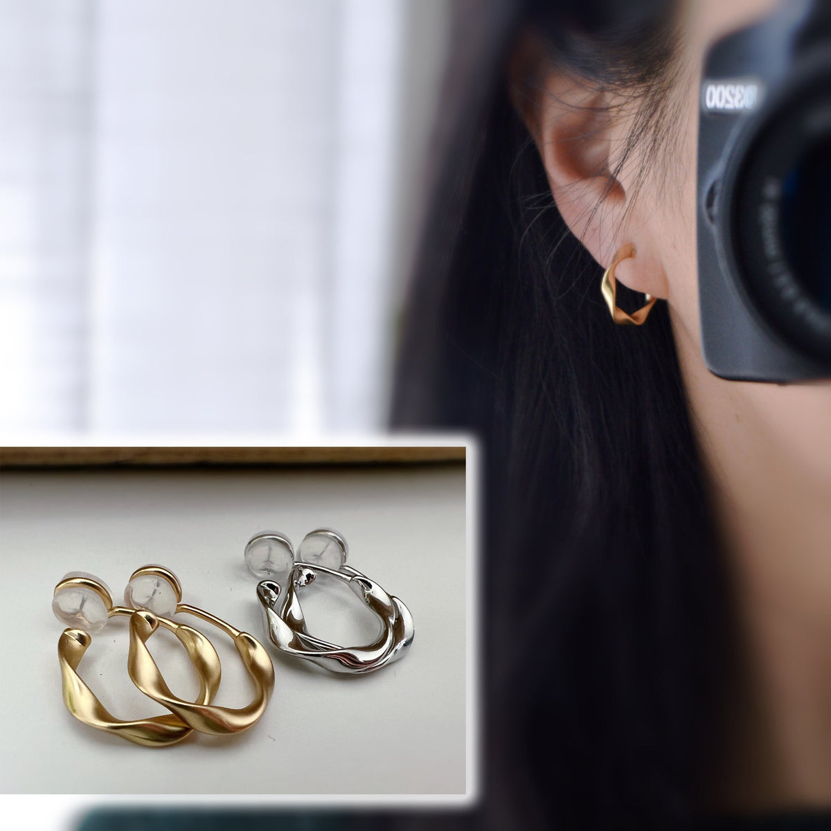 Boucles D'oreilles Clips En Forme De Cloche - Résine Couleur Argent Et Noir - Grand Modèle Léger A15
