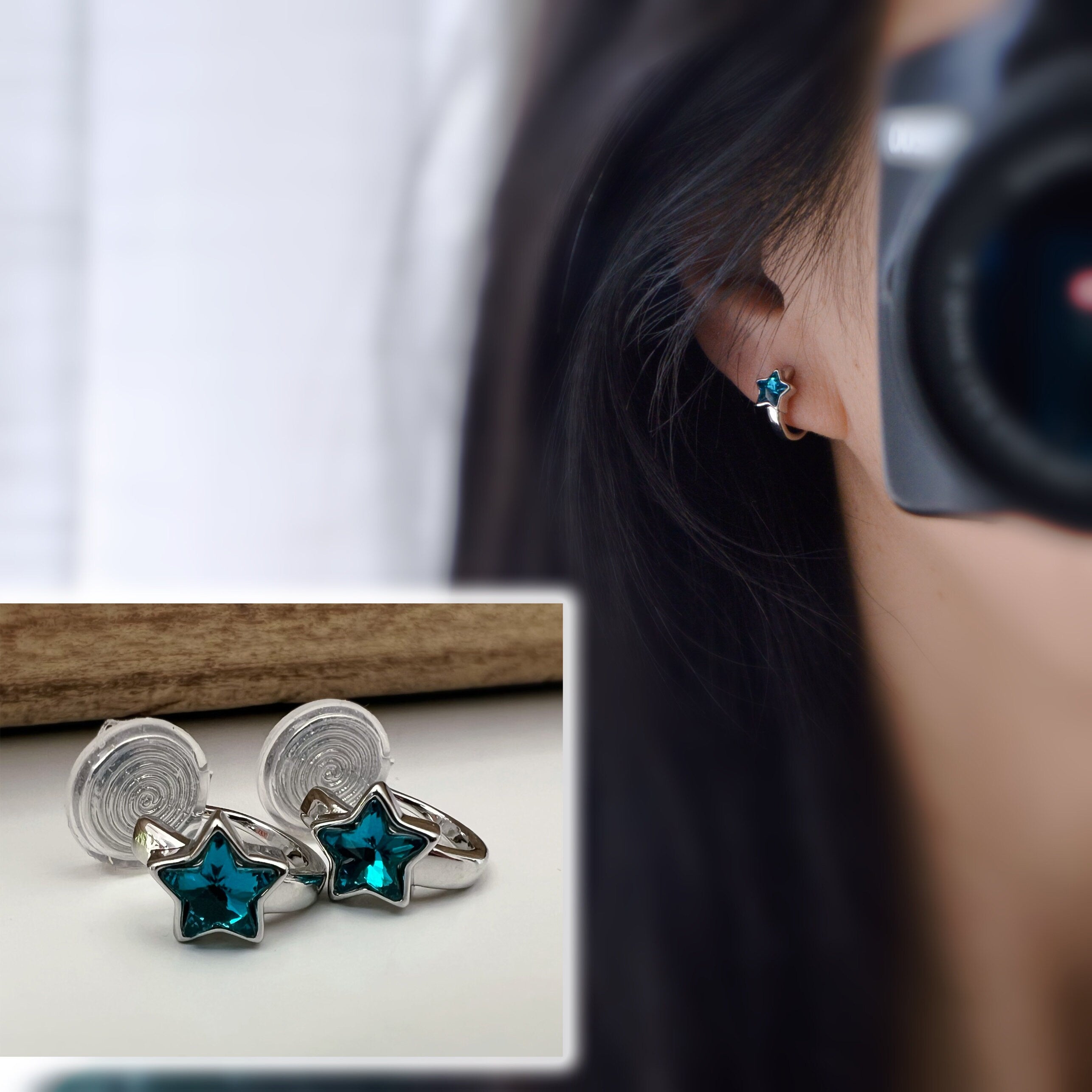 SANS DOULEUR ! Boucles d'oreilles CLIPS Petit cercle argent avec petit étoile bleu. Clips d'oreilles confortable Boucles Délicates