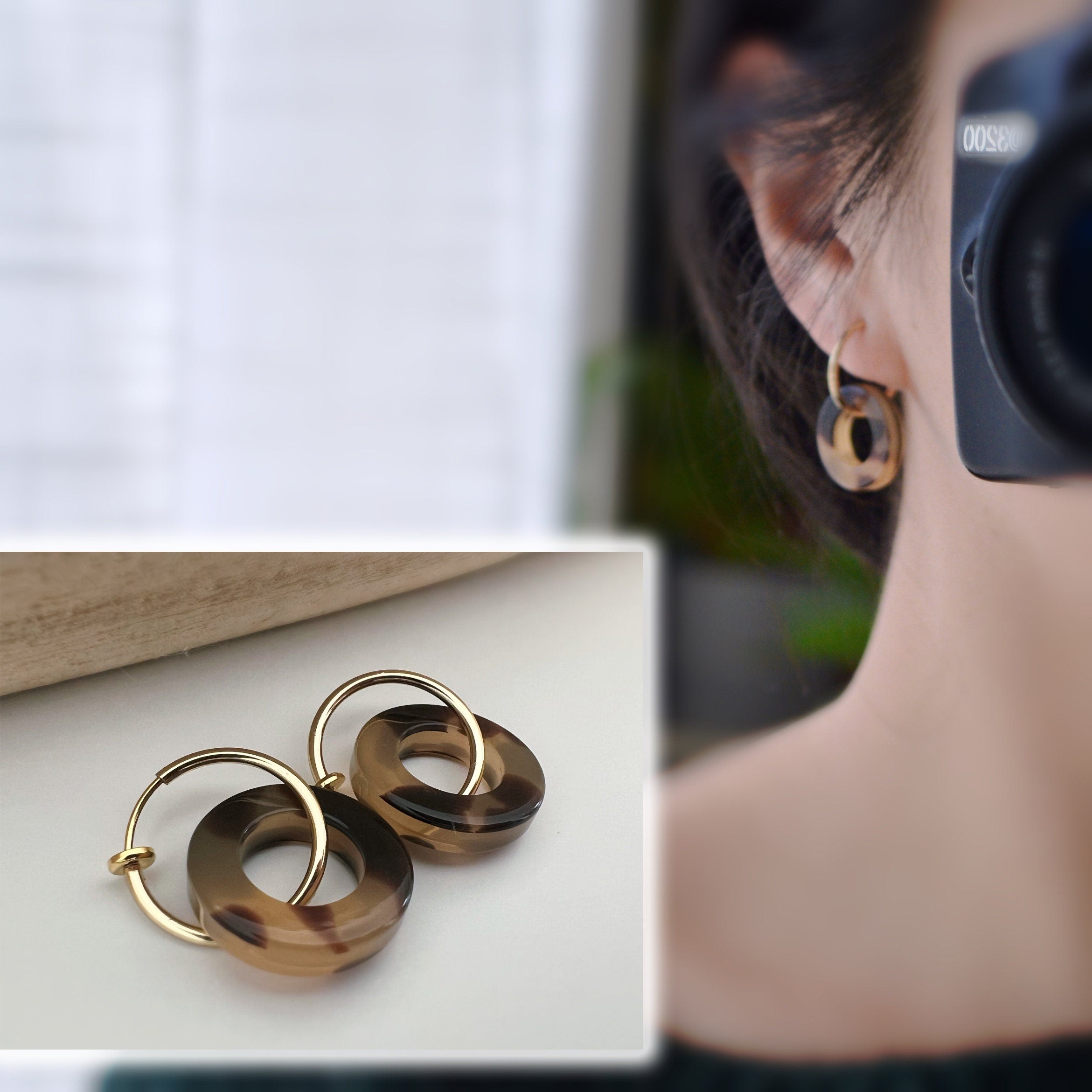 2 EN 1 Créoles Clips 18mm Or/ Argent Cercle écaille de tortue Marron. Clips d'oreilles Anneaux Or/ argent. Boucles d'oreilles.