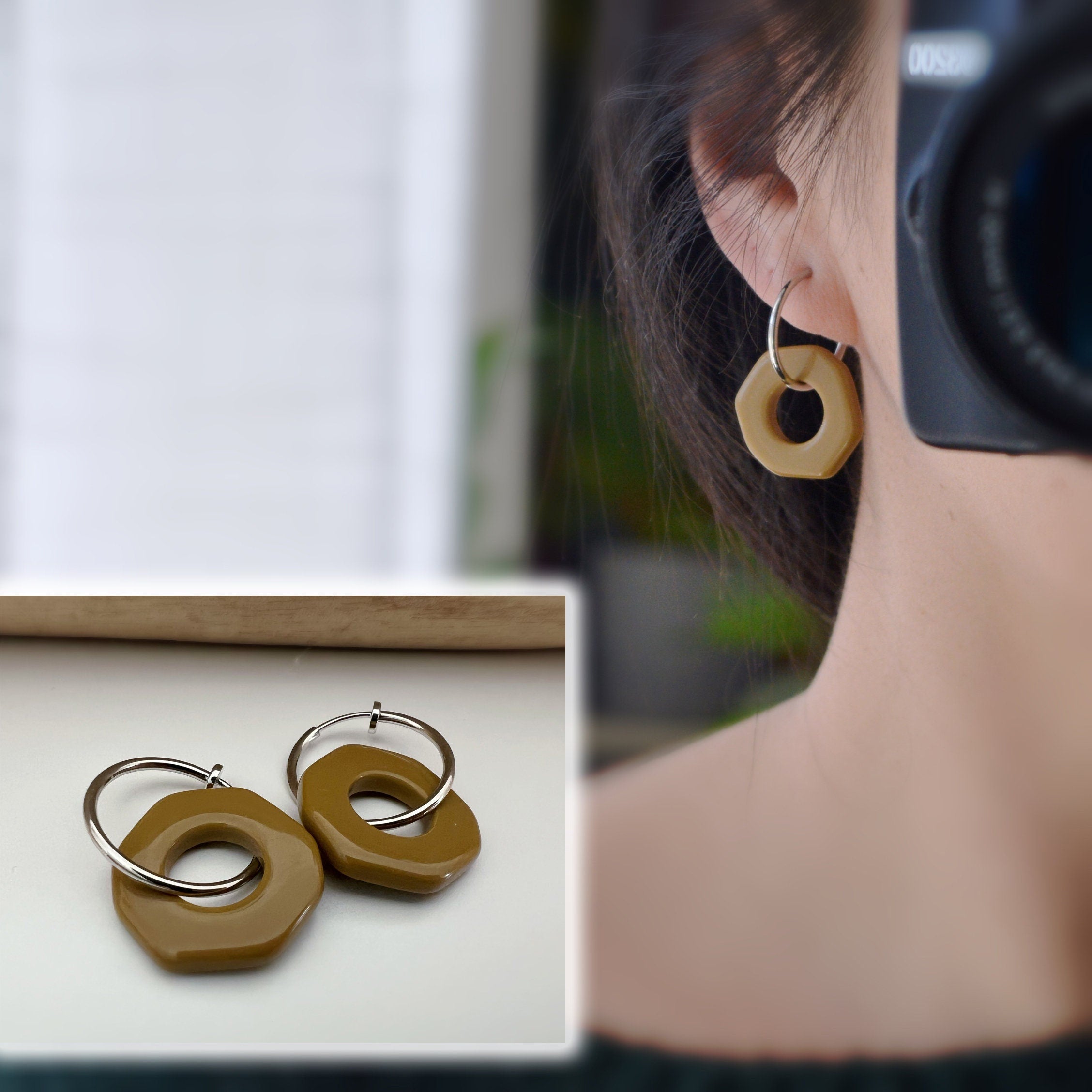 2 IN 1 Hoop Earrings Clips 20mm Silver Irregular Circles Color Coffee, Coffee with milk, Cream. Silver Hoop Ear Clips. Earrings.