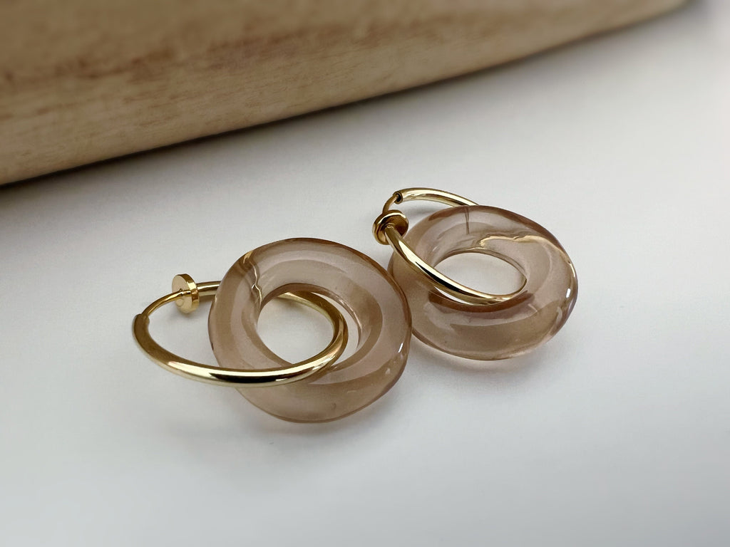 2 EN 1 Créoles Clips 20mm OR Cercle Violet / Vert paon / Beige / Marron. Clips d'oreilles Anneaux Or pour oreilles non percées.