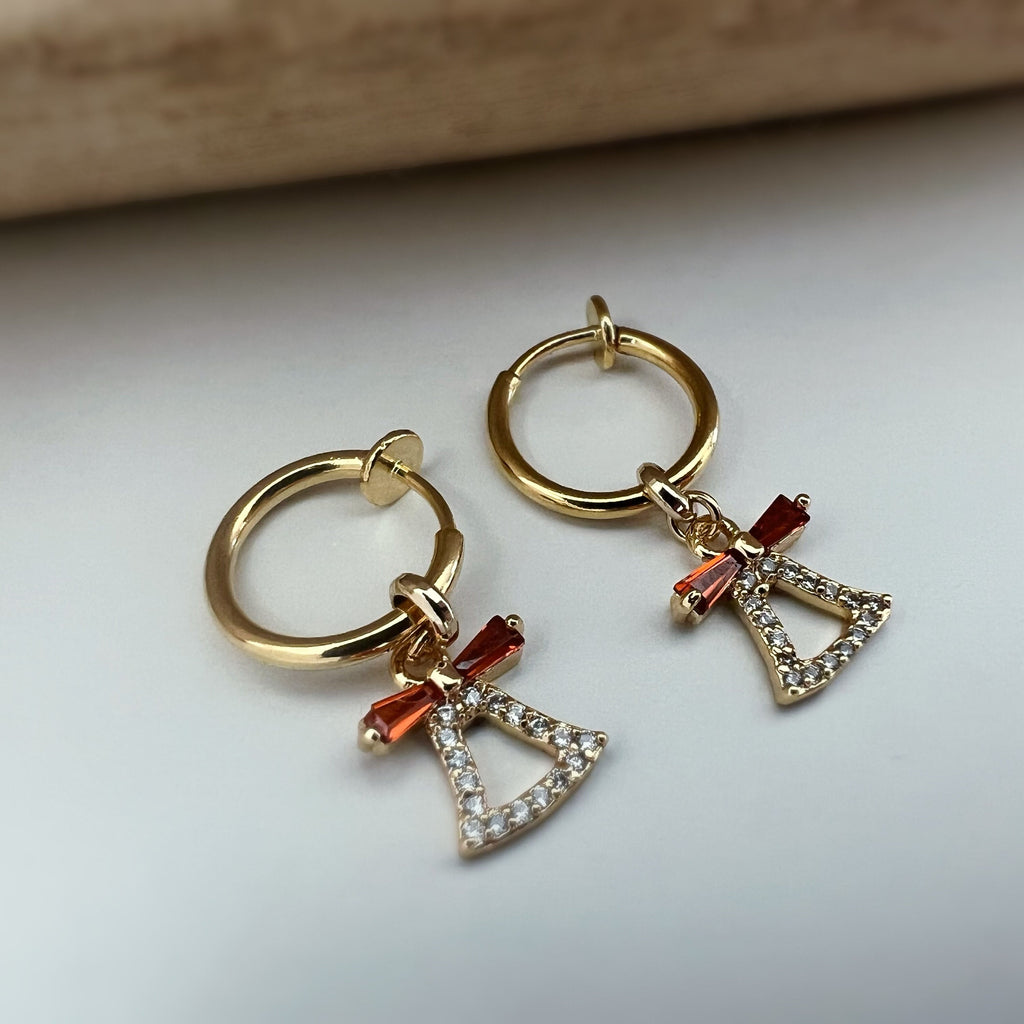 Clips d'oreille 2-EN-1 CLIPS anneaux Créoles doré avec clochette zircon noeud de papillon rouge Bijoux quotidien Anneaux 1.3cm