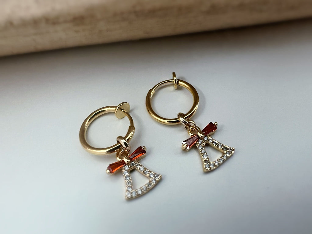 Clips d'oreille 2-EN-1 CLIPS anneaux Créoles doré avec clochette zircon noeud de papillon rouge Bijoux quotidien Anneaux 1.3cm