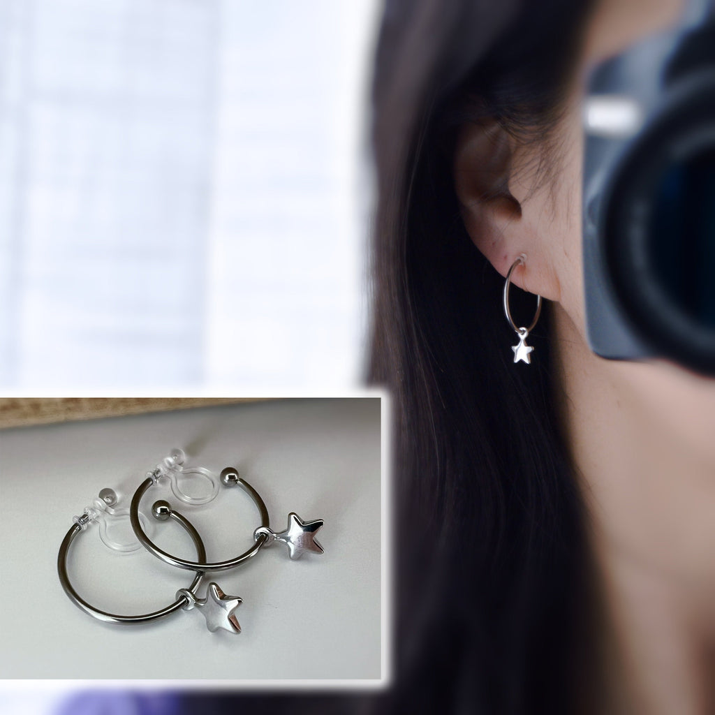 ÉTOILE Invisible Clip Earrings, Star Hoop Rings 25mm, CLIPS Creole silver color. Discreet Delicate. Comfortable.
