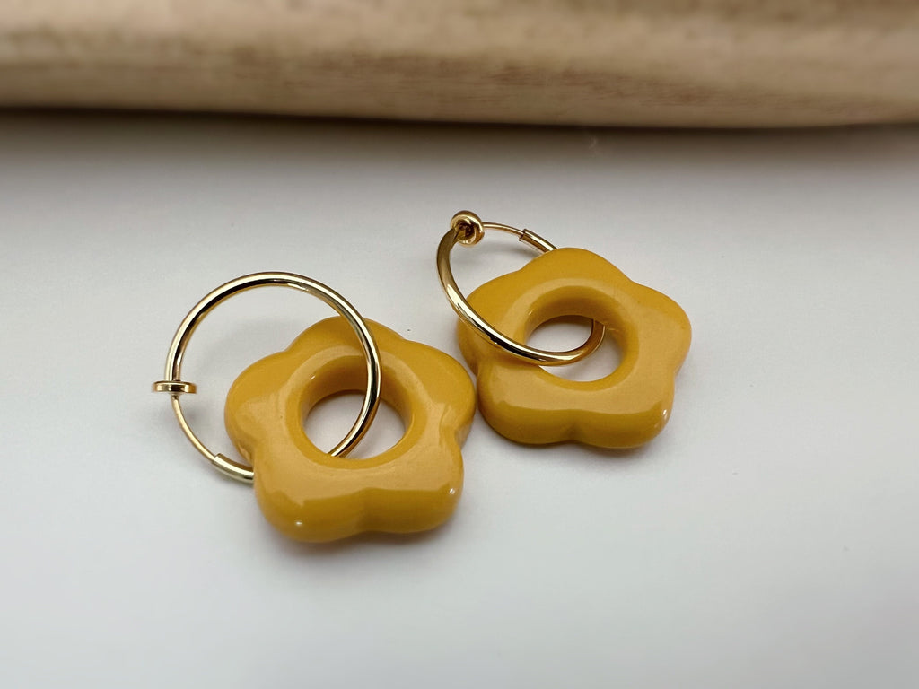 2 EN 1 Créoles Clips 20mm Argent/ Or Cercles fleur jaune / bleu / rose, Clips d'oreilles Anneaux Boucles d'oreilles à clips.