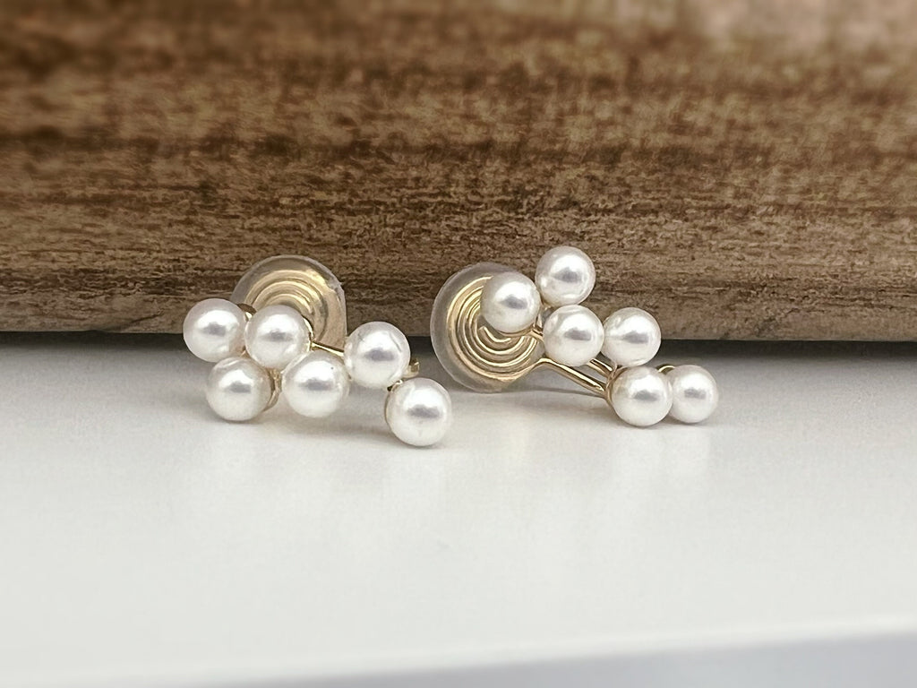 SANS DOULEUR ! Boucles d'oreilles CLIPS U spirale plaqué d'or Petites perles blanches grappe de raisins Clips d'oreilles confortable.