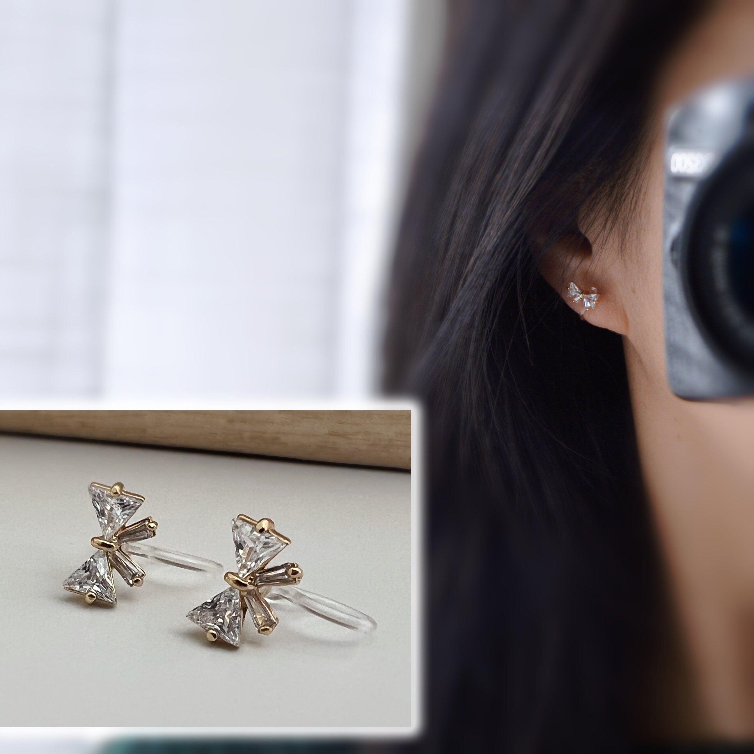 Mini Invisible CLIPS Earrings Silver Color Bow Tie with Zircon, Delicate comfortable ear clips.