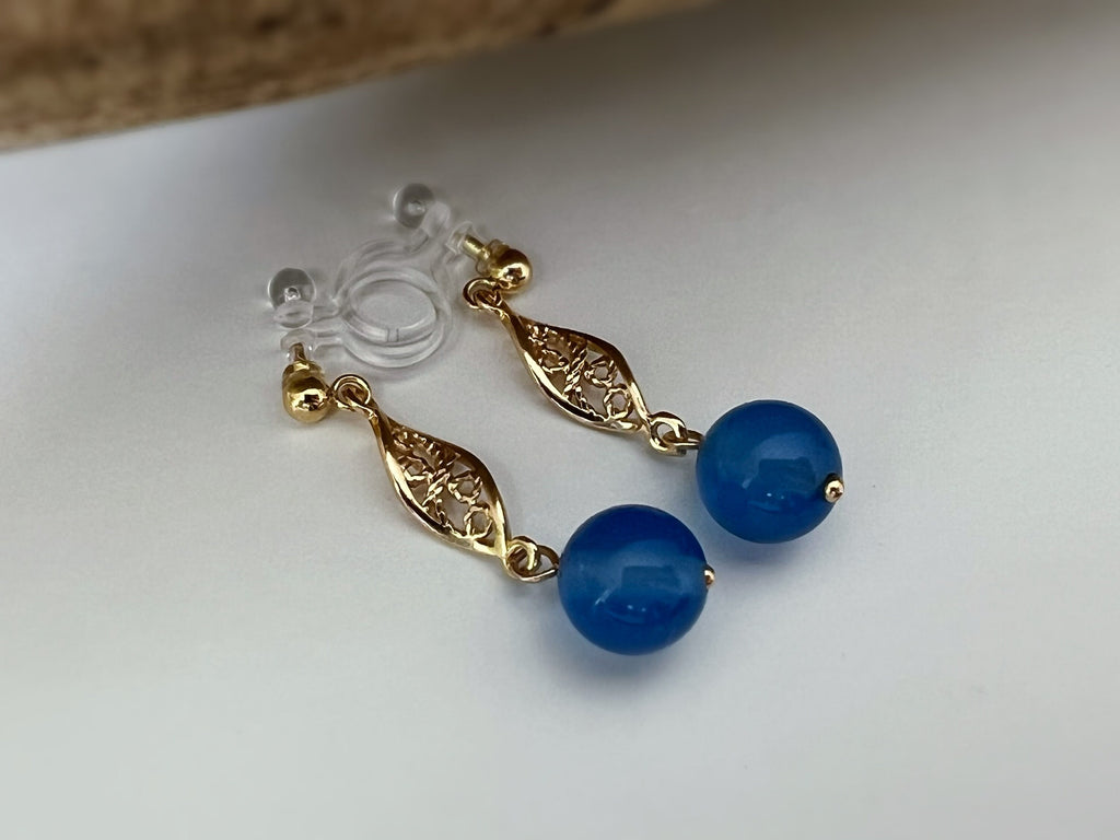 INVISIBLE Clip Earrings, Gold Ear Clips Hollow almond-shaped sculpture with blue pearl Daily jewelry. Ready to gift.