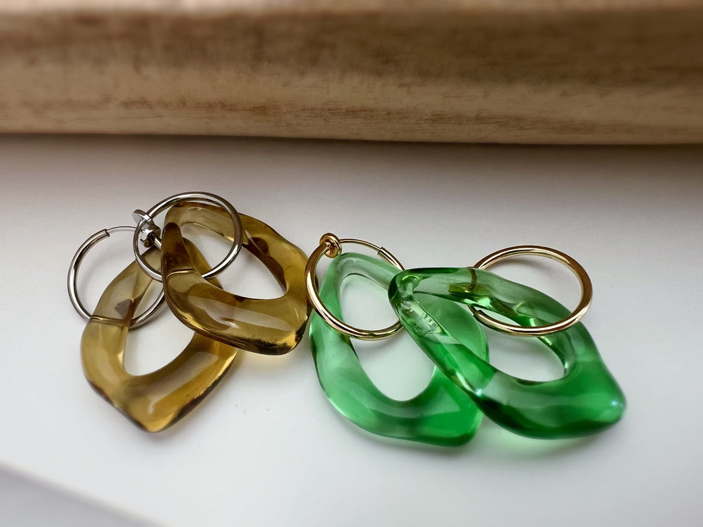 2 IN 1, Clip-on Earrings Large Diamond Acetate Green Brown Transparent. Creole Clips 20mm Silver / Gold. CLIPS comfortable