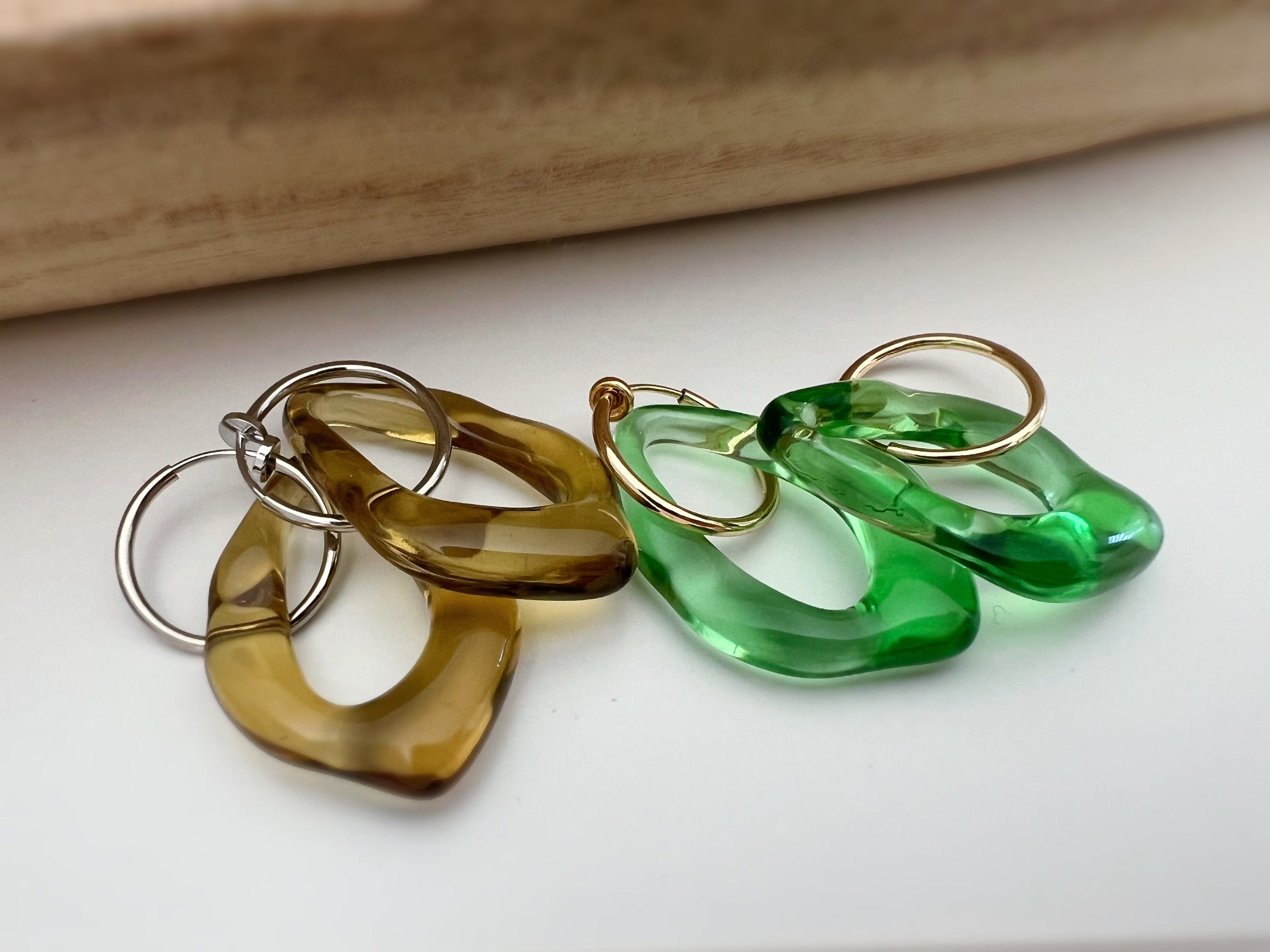 2 IN 1, Clip-on Earrings Large Diamond Acetate Green Brown Transparent. Creole Clips 20mm Silver / Gold. CLIPS comfortable