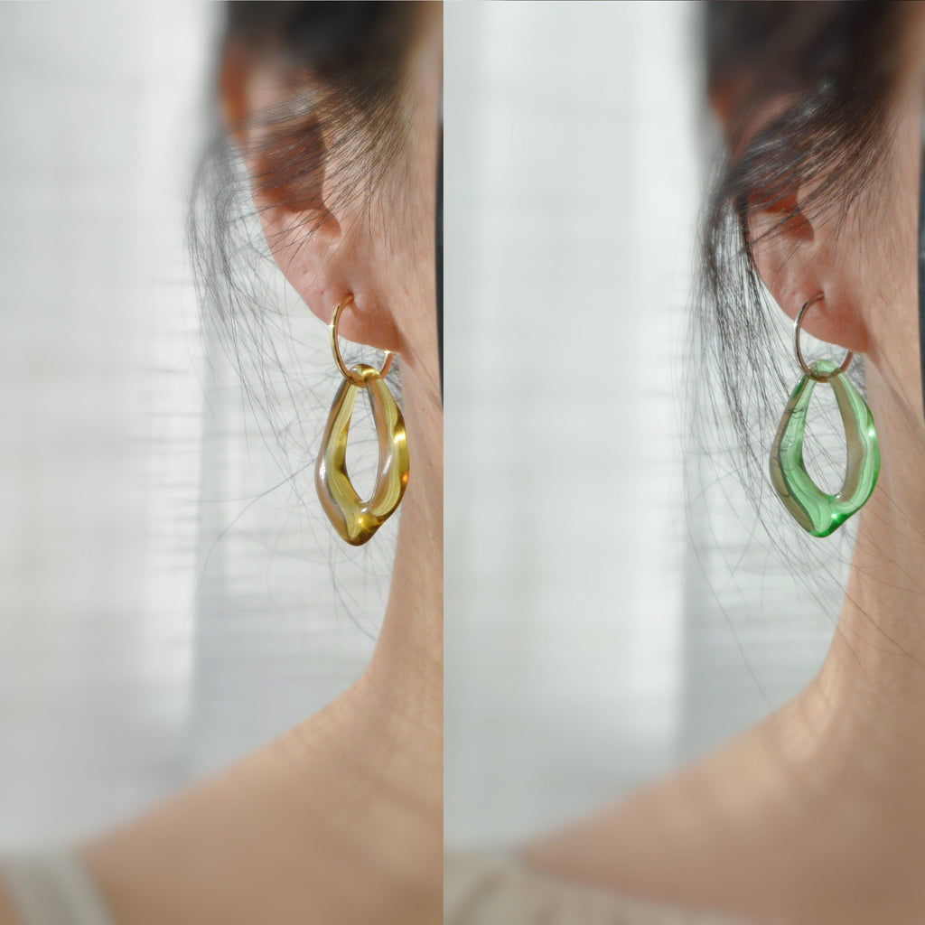 2 IN 1, Clip-on Earrings Large Diamond Acetate Green Brown Transparent. Creole Clips 20mm Silver / Gold. CLIPS comfortable