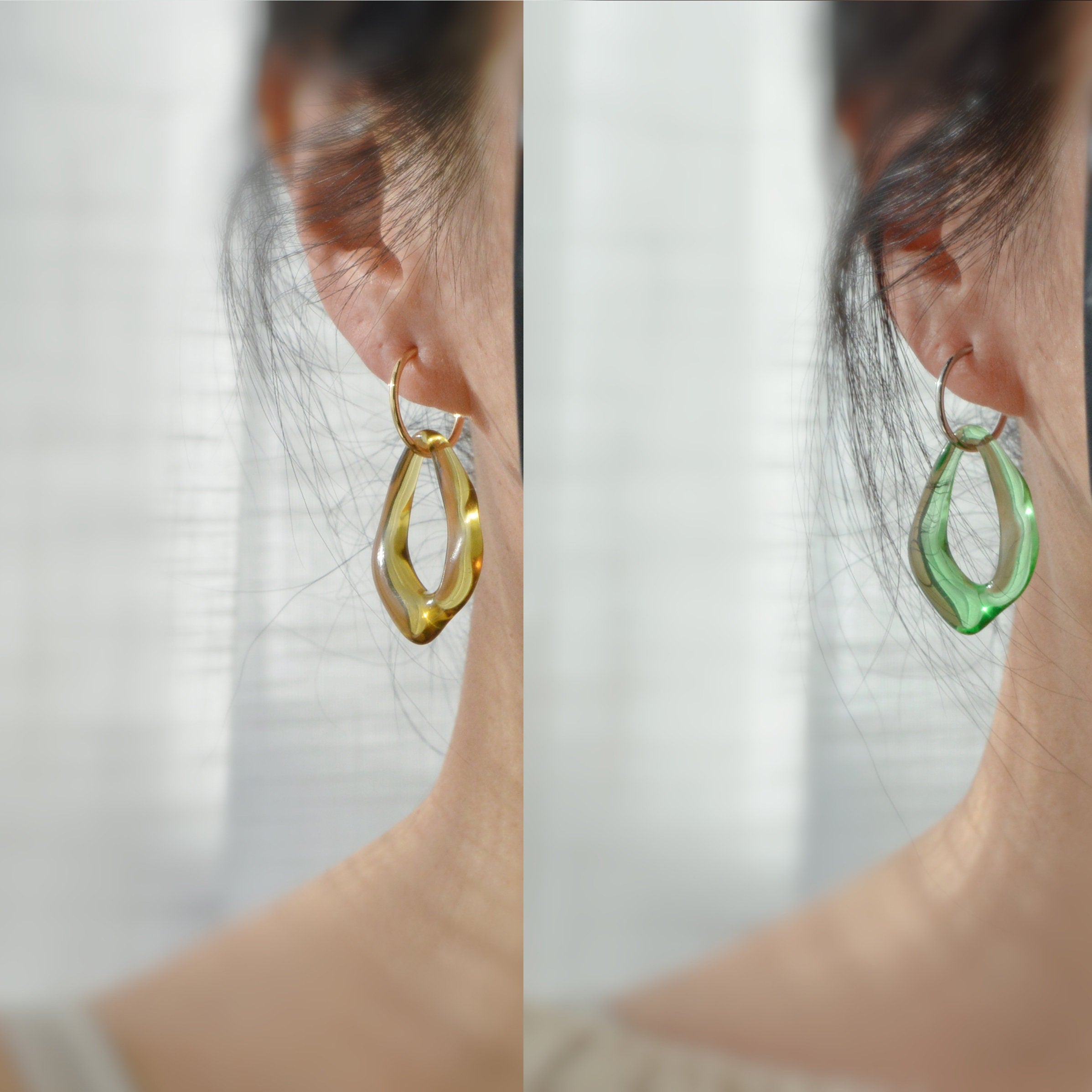 2 IN 1, Clip-on Earrings Large Diamond Acetate Green Brown Transparent. Creole Clips 20mm Silver / Gold. CLIPS comfortable