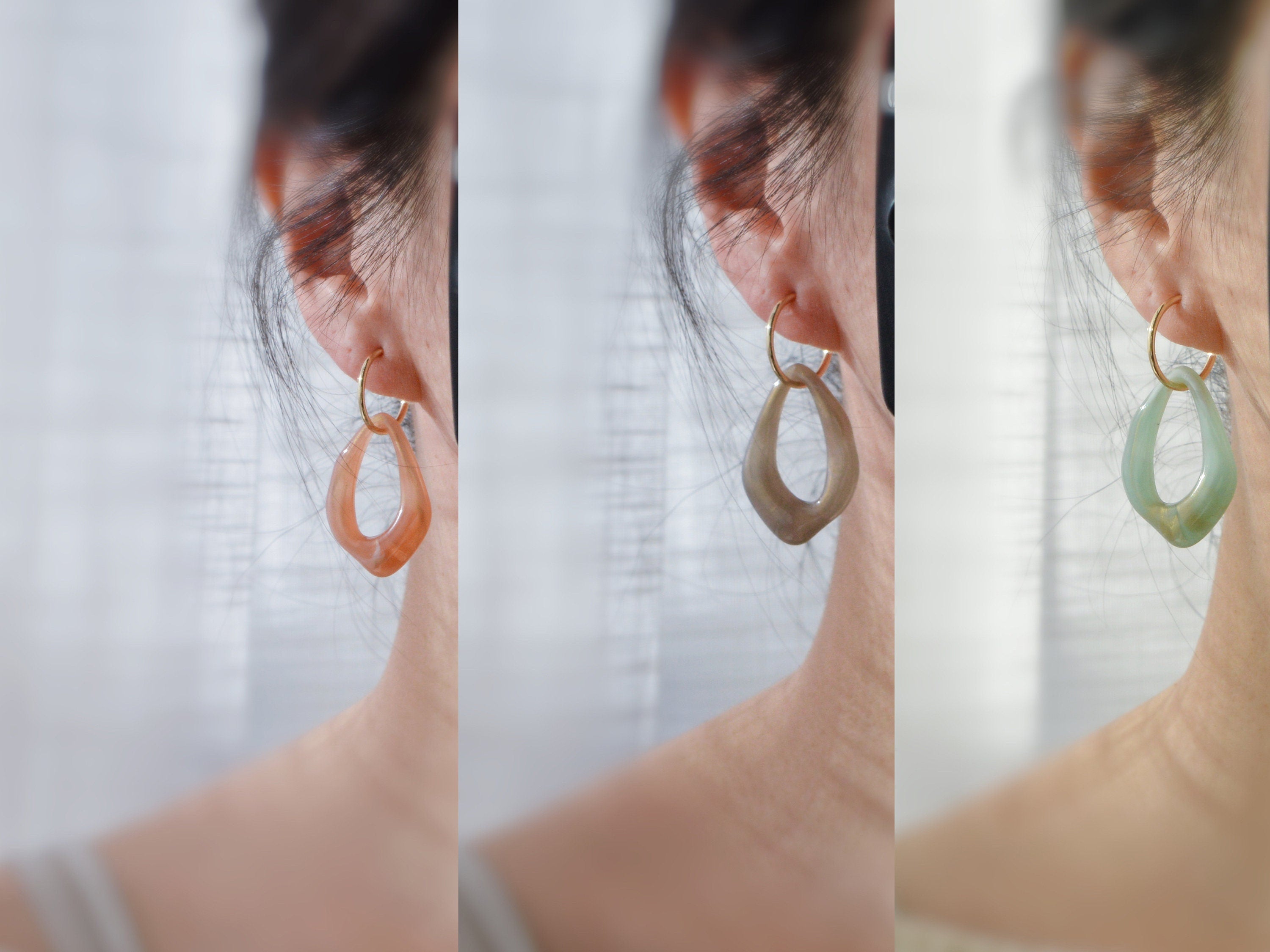 2 EN 1, Clips d'oreilles Anneaux Grand Losange Acétate Vert Marron transparent. Créoles Clips 20mm Argent / Or. CLIPS confortable