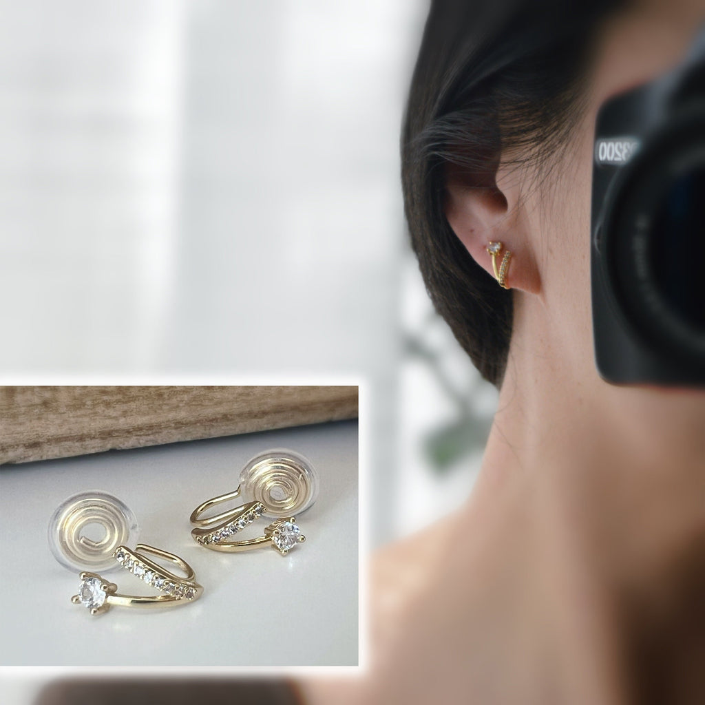 SANS DOULEUR ! Boucles d'oreilles CLIPS U spirale Petit double demi cercle Mini Pierre Zircon Rond plaqué d'Or Clips d'oreilles confortable.