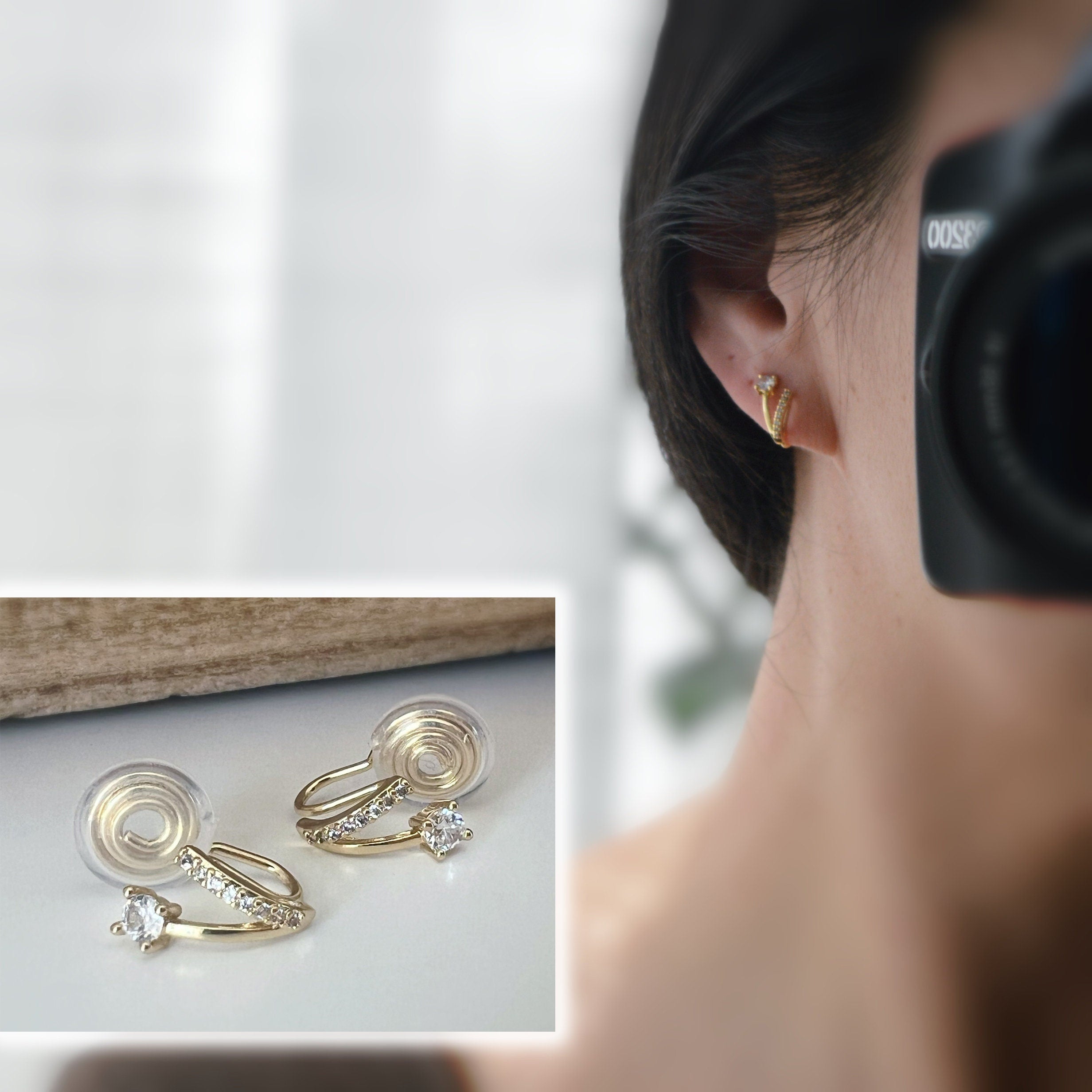 SANS DOULEUR ! Boucles d'oreilles CLIPS U spirale Petit double demi cercle Mini Pierre Zircon Rond plaqué d'Or Clips d'oreilles confortable.
