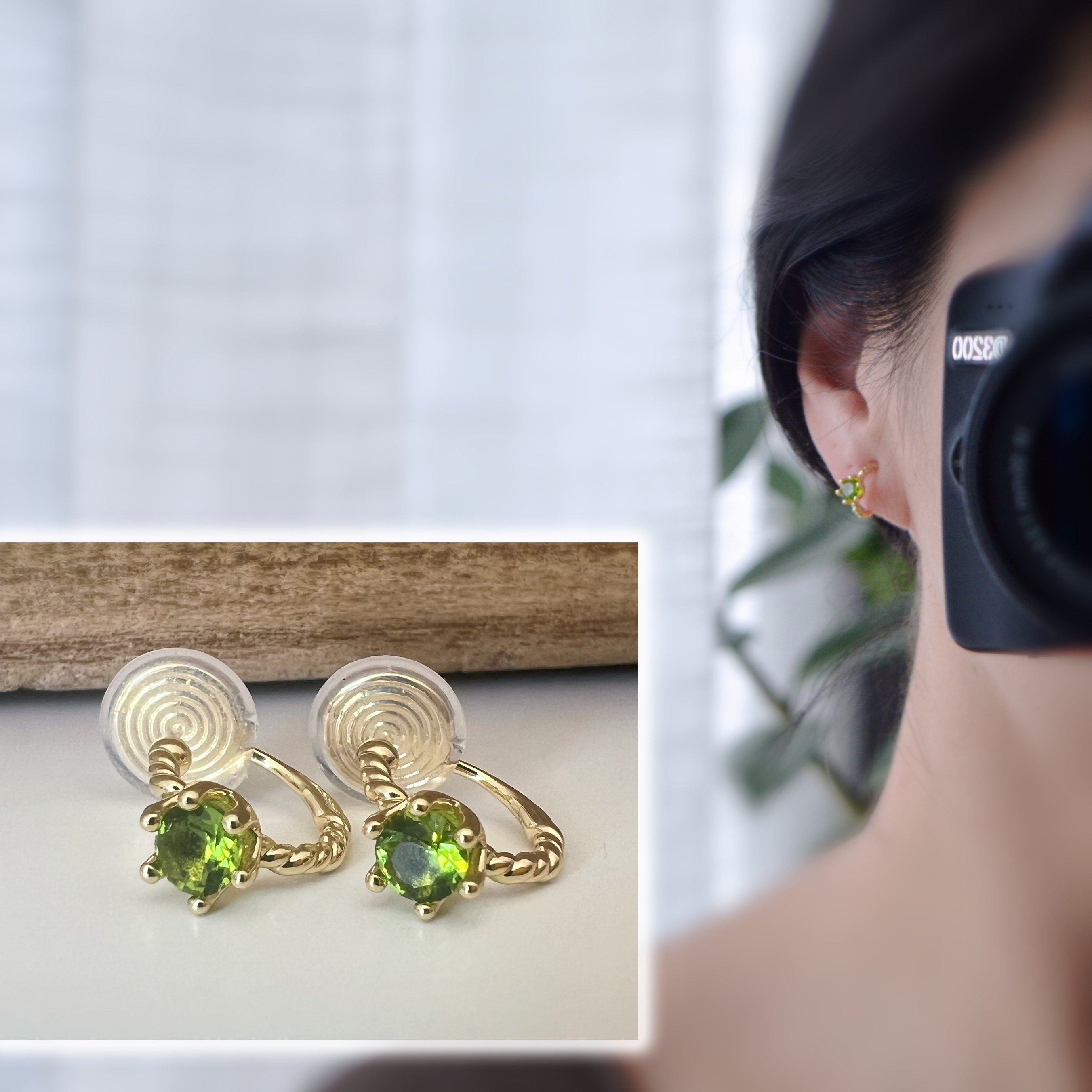 SANS DOULEUR ! Boucles d'oreilles CLIPS U spirale Cercle torsadé Pierre Zircon Rond Vert citron. Plaqué d'Or. Clips d'oreilles confortable