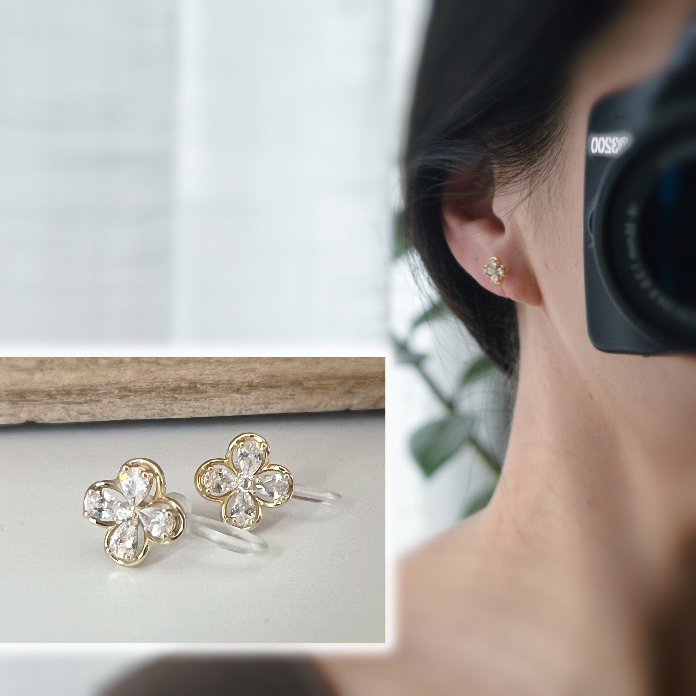 Mini CLIPS d'oreilles invisibles, Mini Fleur quatre pétales Or Zircon, Boucles d'oreilles clips confortable délicat minimaliste