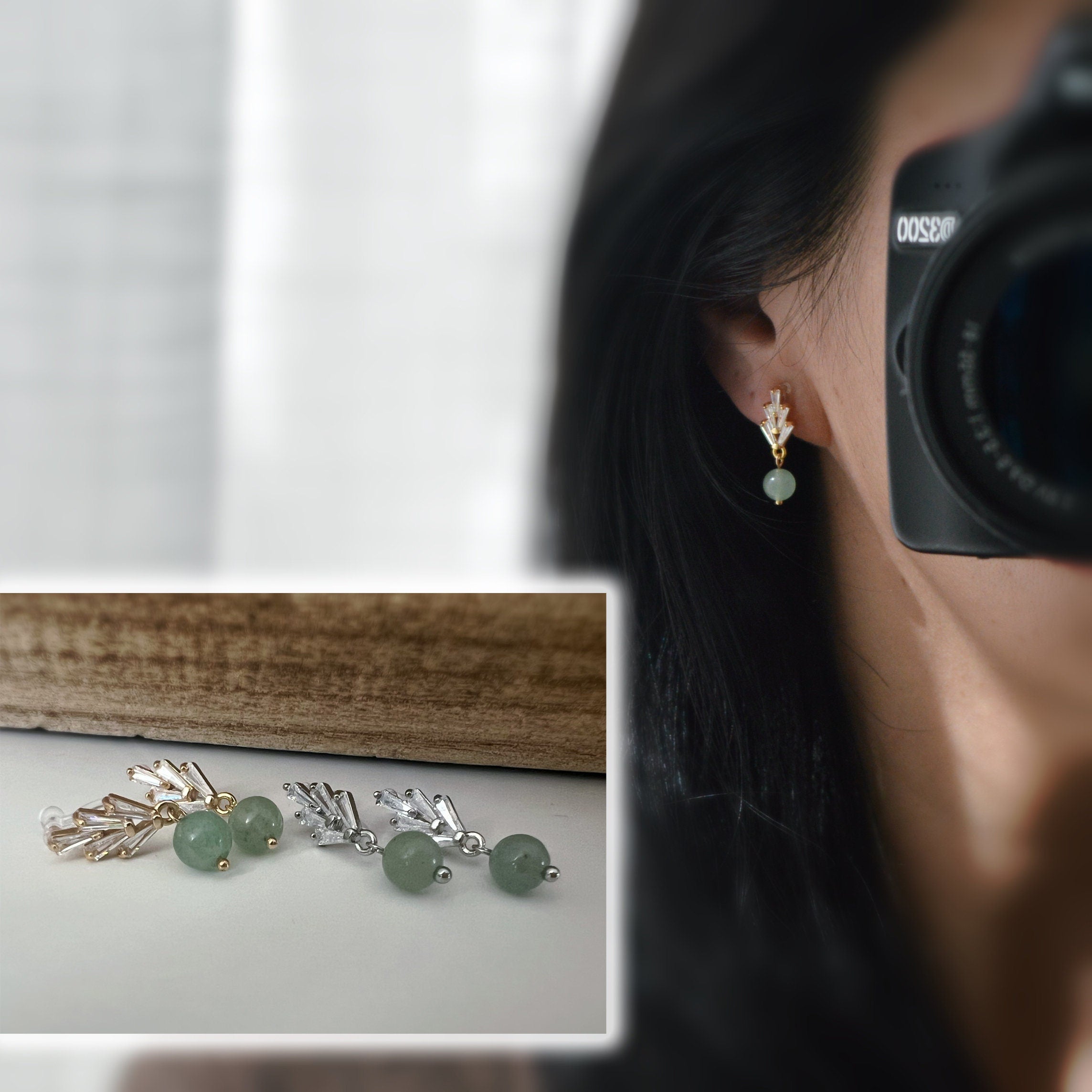 Boucles d'oreilles Clips INVISIBLES, clips d'oreilles pendants feuilles Zircon Argent/ Or avec perle verte Bijoux quotidien. Prêt à offrir.