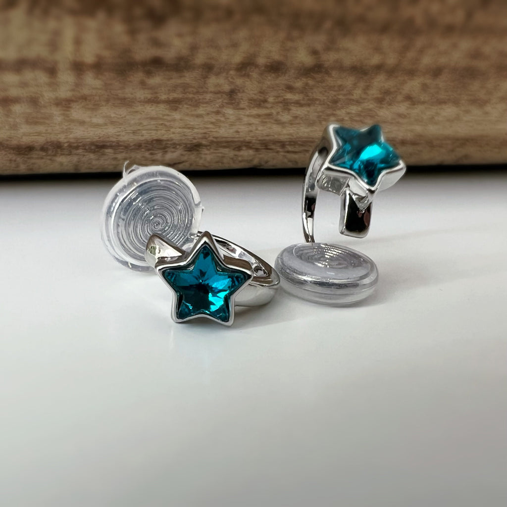SANS DOULEUR ! Boucles d'oreilles CLIPS Petit cercle argent avec petit étoile bleu. Clips d'oreilles confortable Boucles Délicates