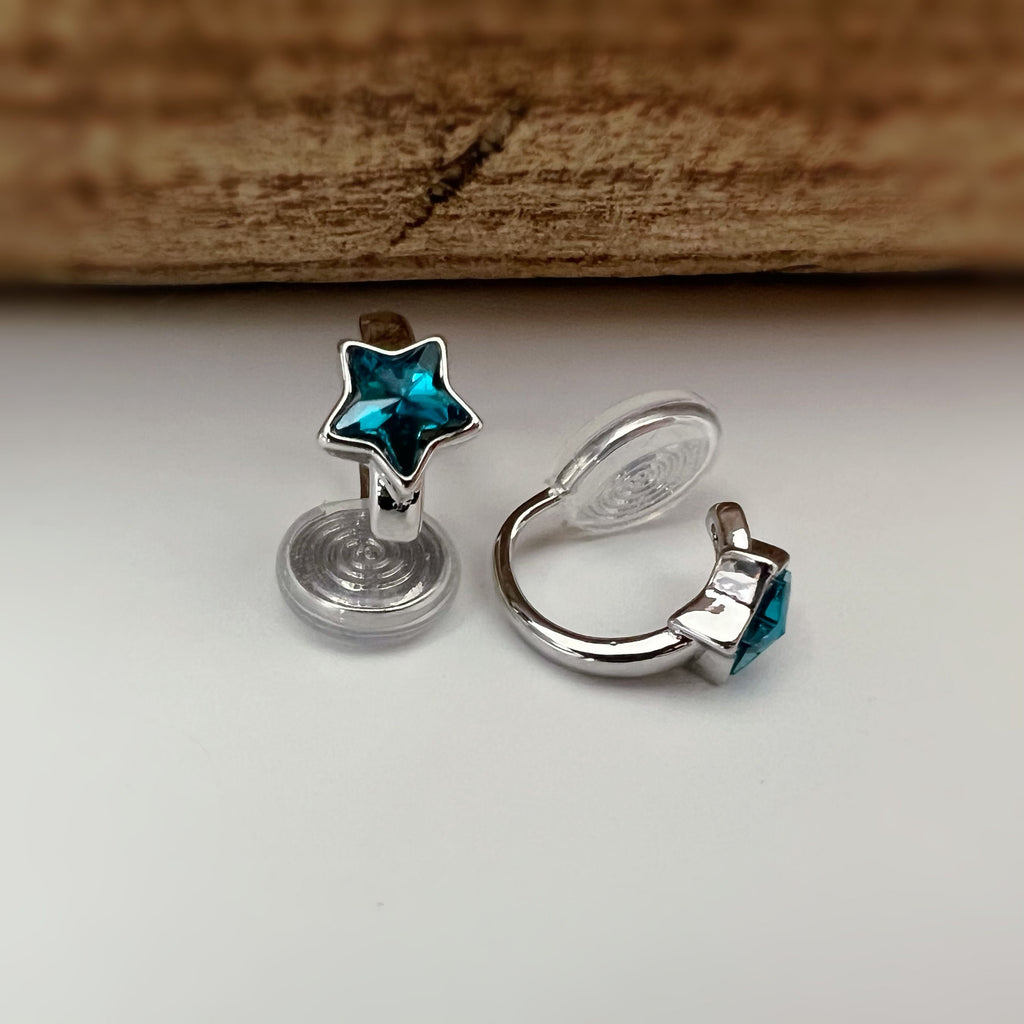 SANS DOULEUR ! Boucles d'oreilles CLIPS Petit cercle argent avec petit étoile bleu. Clips d'oreilles confortable Boucles Délicates