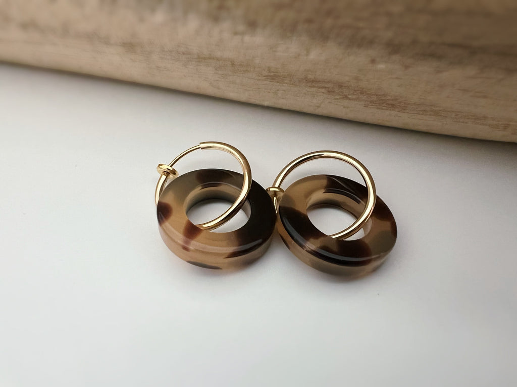 2 EN 1 Créoles Clips 18mm Or/ Argent Cercle écaille de tortue Marron. Clips d'oreilles Anneaux Or/ argent. Boucles d'oreilles.