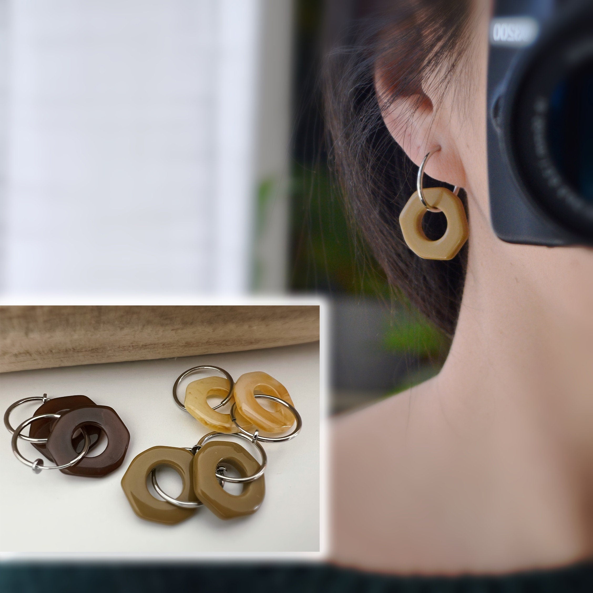 2 IN 1 Hoop Earrings Clips 20mm Silver Irregular Circles Color Coffee, Coffee with milk, Cream. Silver Hoop Ear Clips. Earrings.