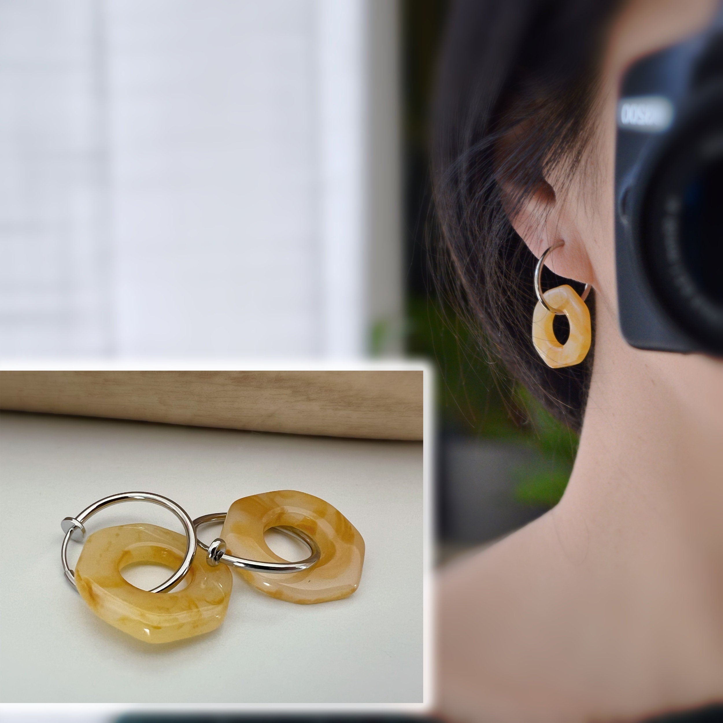 2 IN 1 Hoop Earrings Clips 20mm Silver Irregular Circles Color Coffee, Coffee with milk, Cream. Silver Hoop Ear Clips. Earrings.