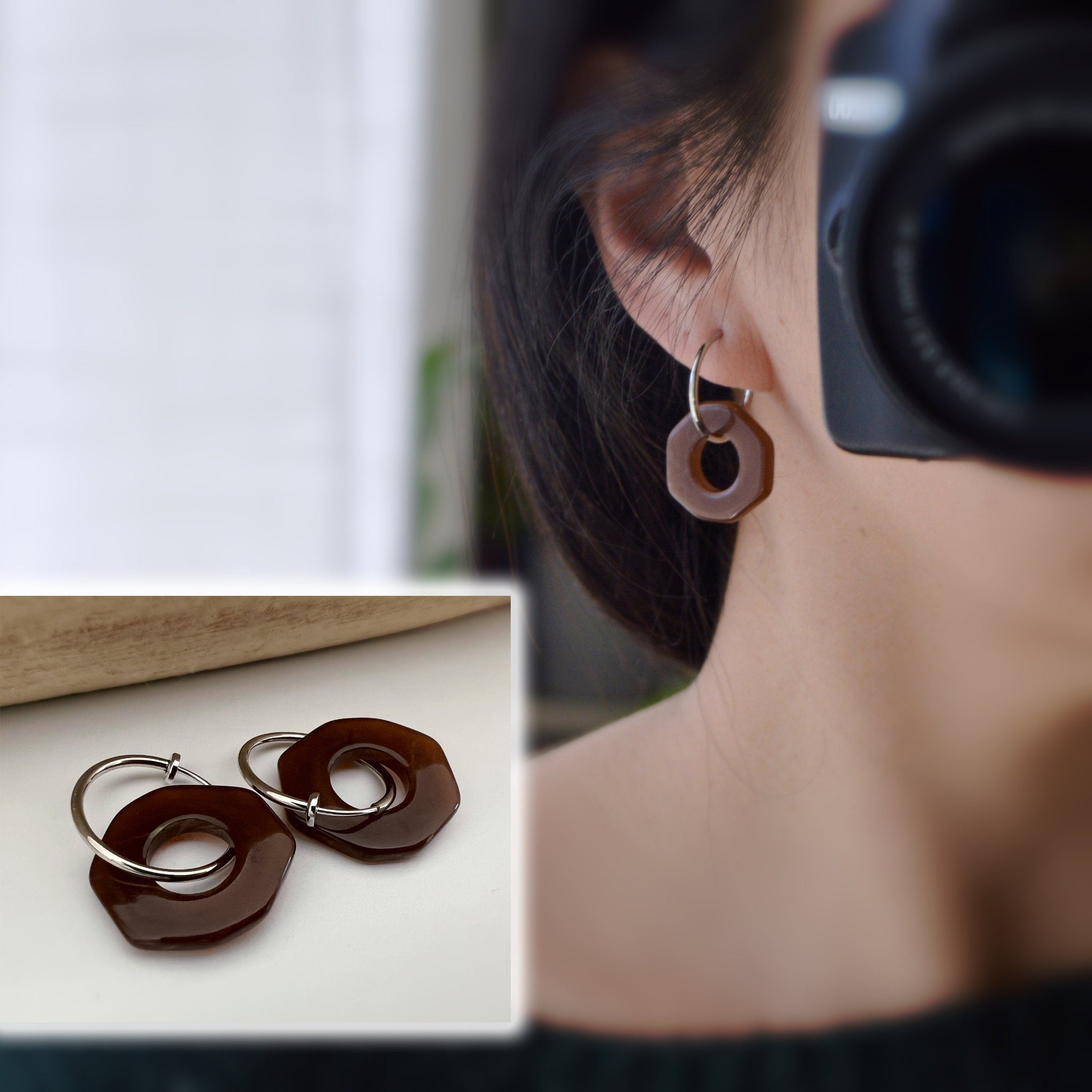 2 IN 1 Hoop Earrings Clips 20mm Silver Irregular Circles Color Coffee, Coffee with milk, Cream. Silver Hoop Ear Clips. Earrings.